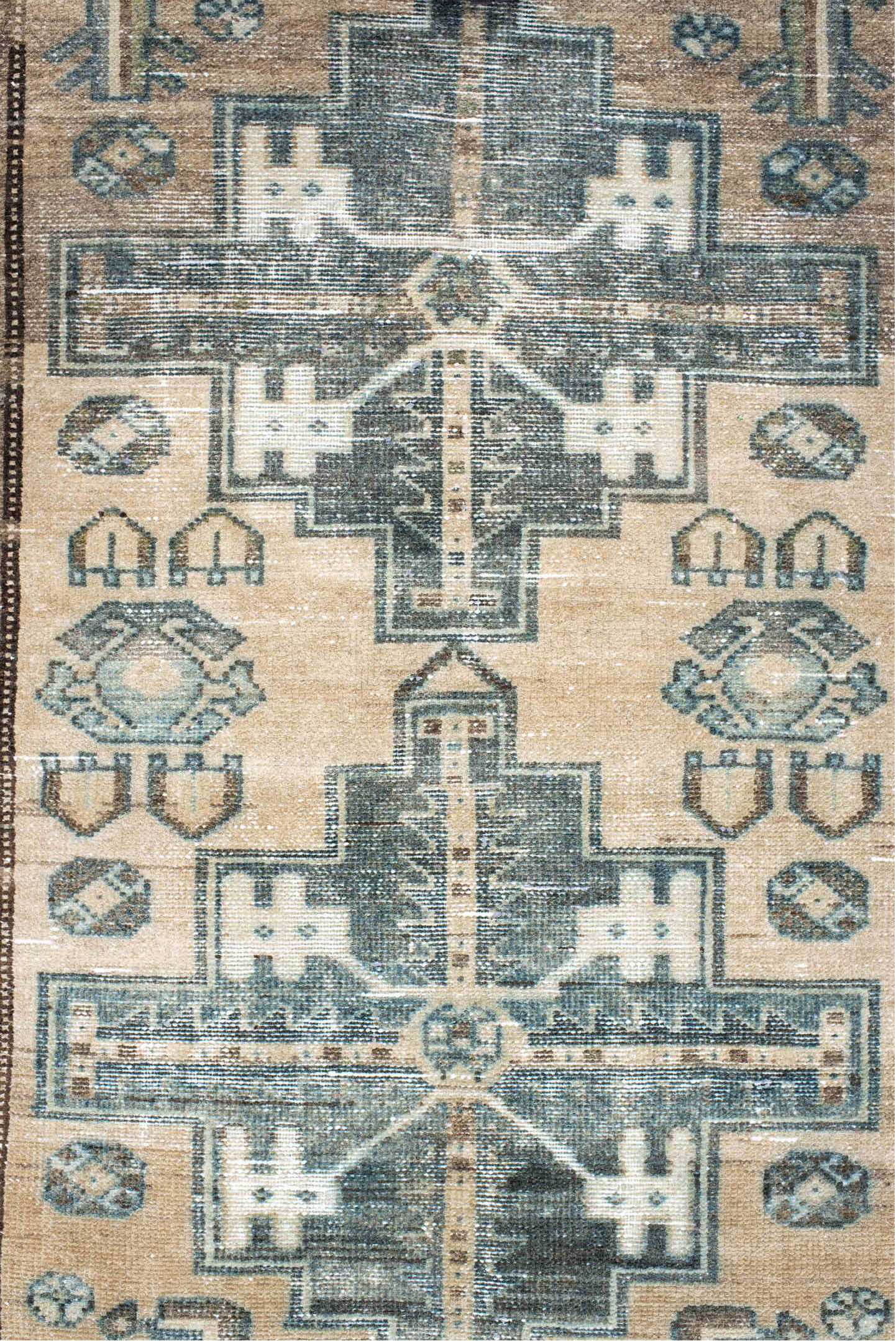 3' x 4' one-of-a-kind handmade antique Malayer small size rug. Color palette: ivory, taupe, brown, teal, slate, camel, beige