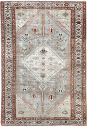 4' x 6' one-of-a-kind handmade antique Malayer small size rug. Color palette: ivory, pale blue, rust, charcoal, taupe, camel