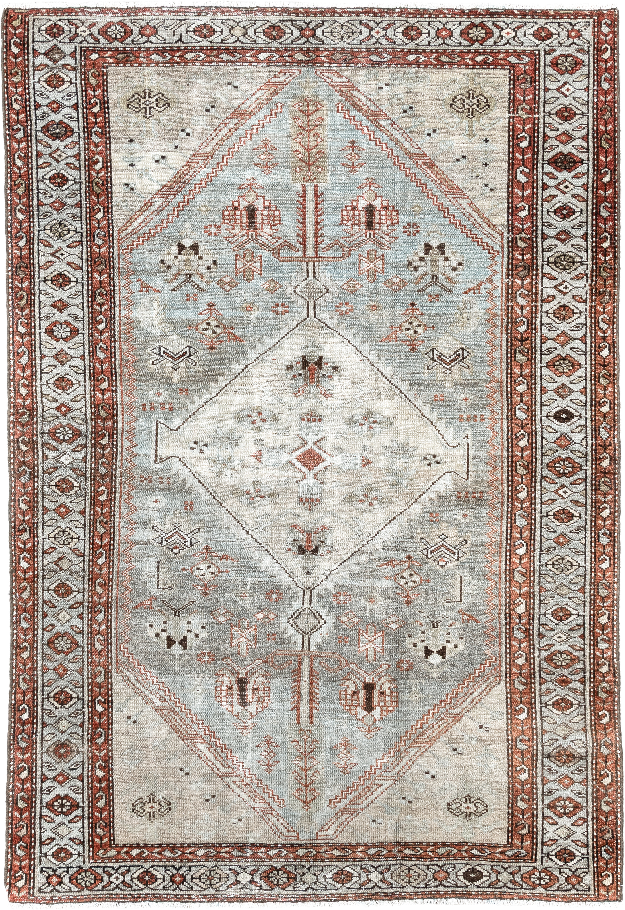 4' x 6' one-of-a-kind handmade antique Malayer small size rug. Color palette: ivory, pale blue, rust, charcoal, taupe, camel