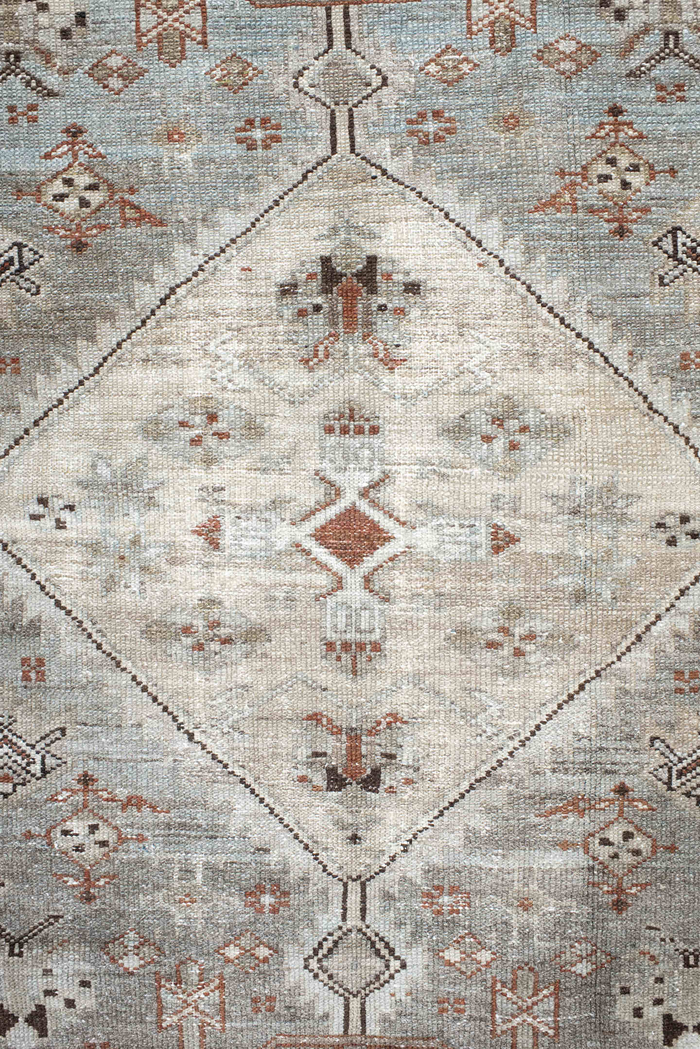 4' x 6' one-of-a-kind handmade antique Malayer small size rug. Color palette: ivory, pale blue, rust, charcoal, taupe, camel