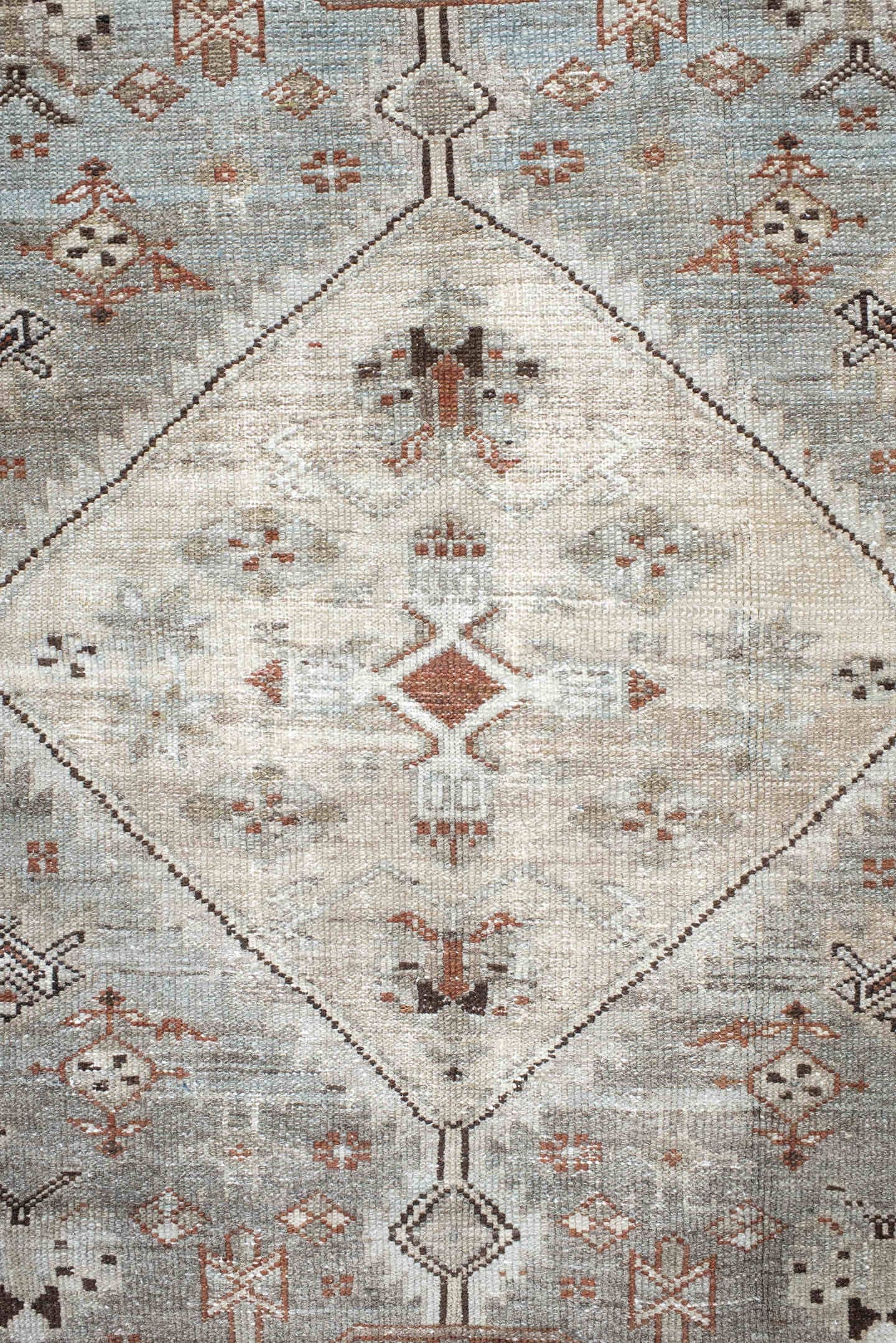 4' x 6' one-of-a-kind handmade antique Malayer small size rug. Color palette: ivory, pale blue, rust, charcoal, taupe, camel