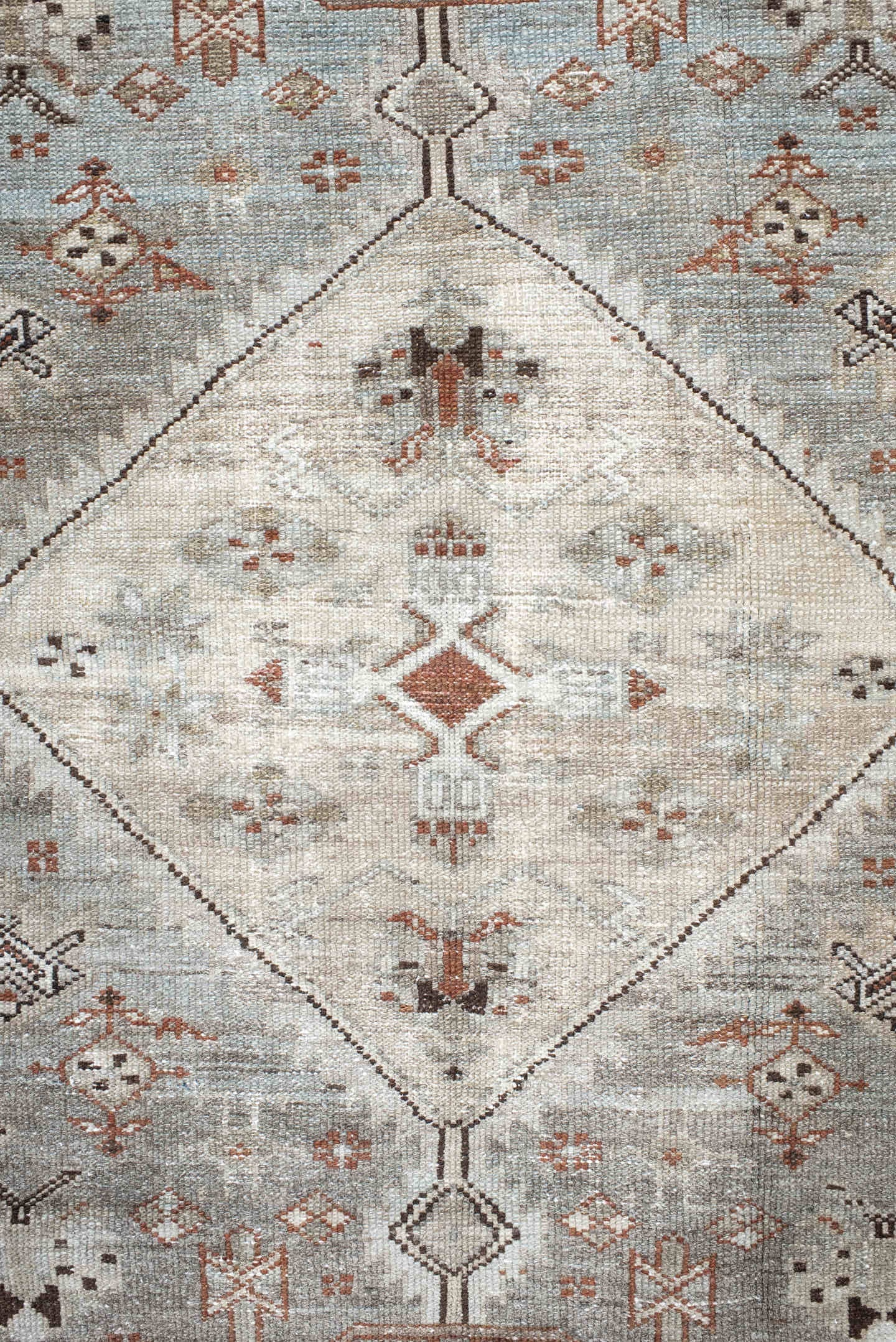 4' x 6' one-of-a-kind handmade antique Malayer small size rug. Color palette: ivory, pale blue, rust, charcoal, taupe, camel