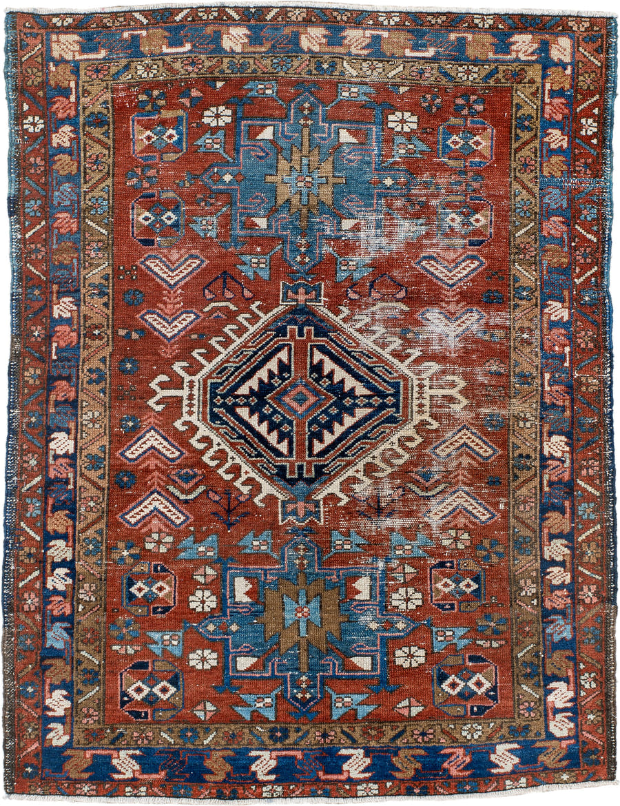 3' x 4' one-of-a-kind handmade antique Karaje small size rug. Color palette: rust, blue, ivory, camel, navy, pink, taupe
