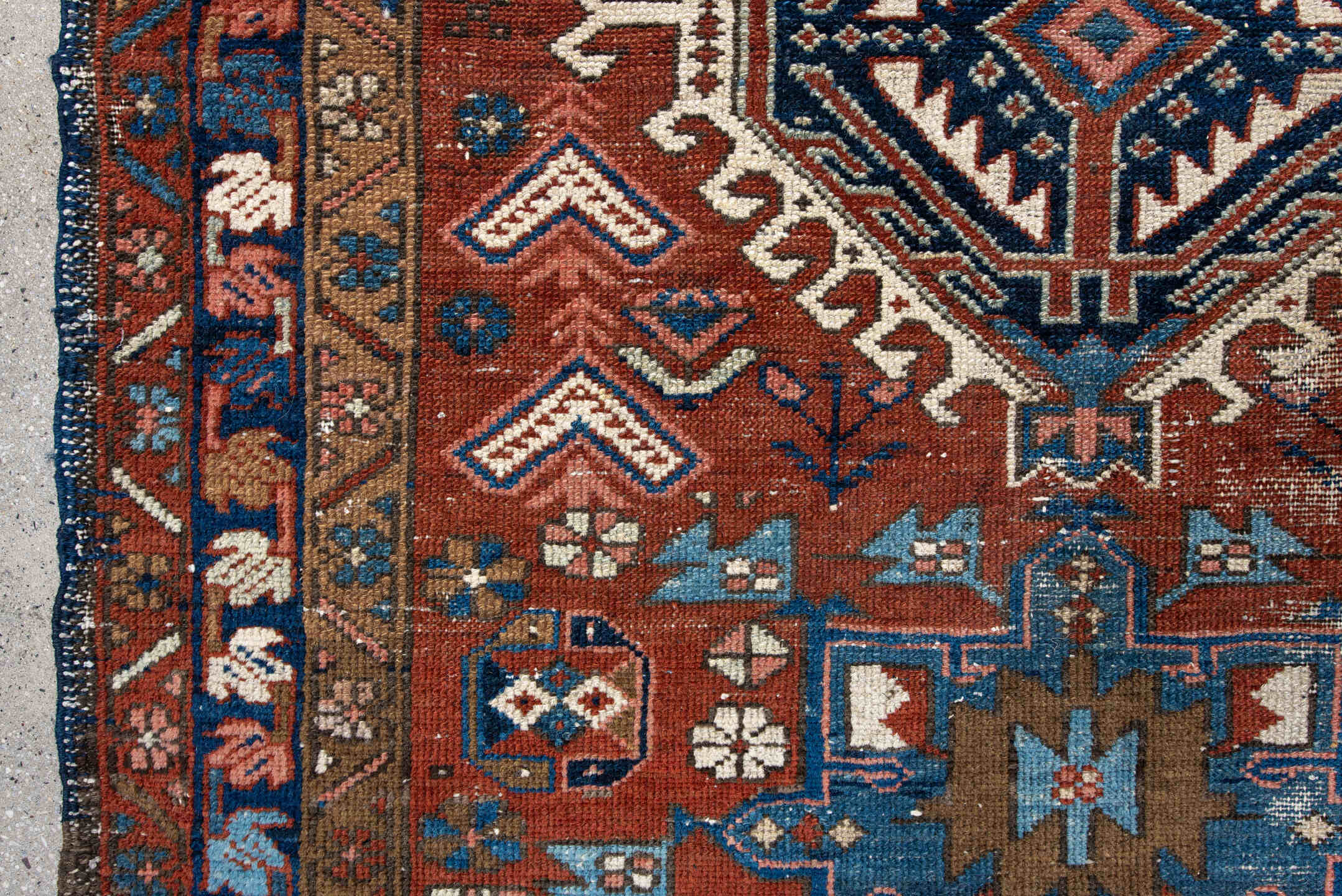 3' x 4' one-of-a-kind handmade antique Karaje small size rug. Color palette: rust, blue, ivory, camel, navy, pink, taupe