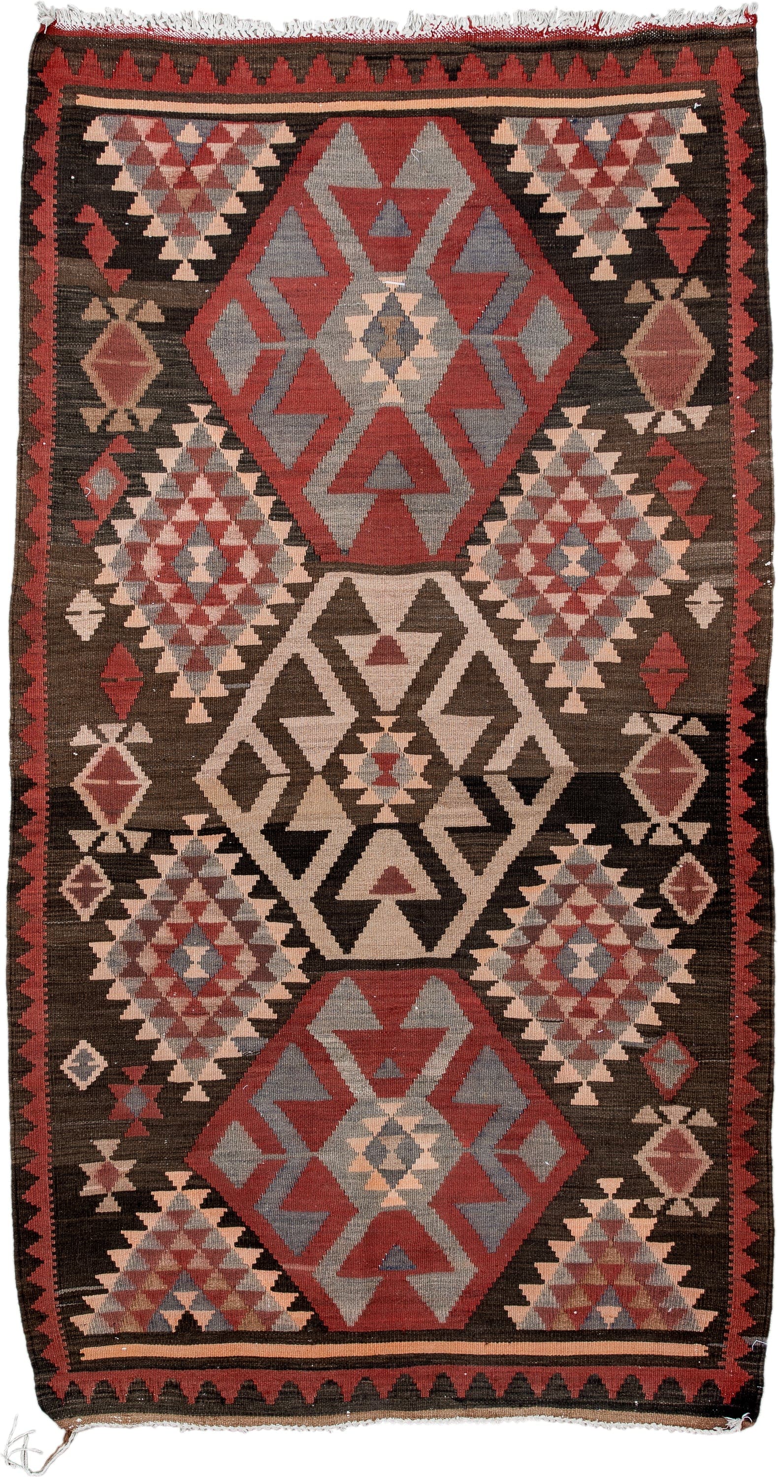 4' x 7' one-of-a-kind handmade antique Kilim rug. Color palette: brown, rust, ivory, slate, rose, charcoal, terracotta, gray