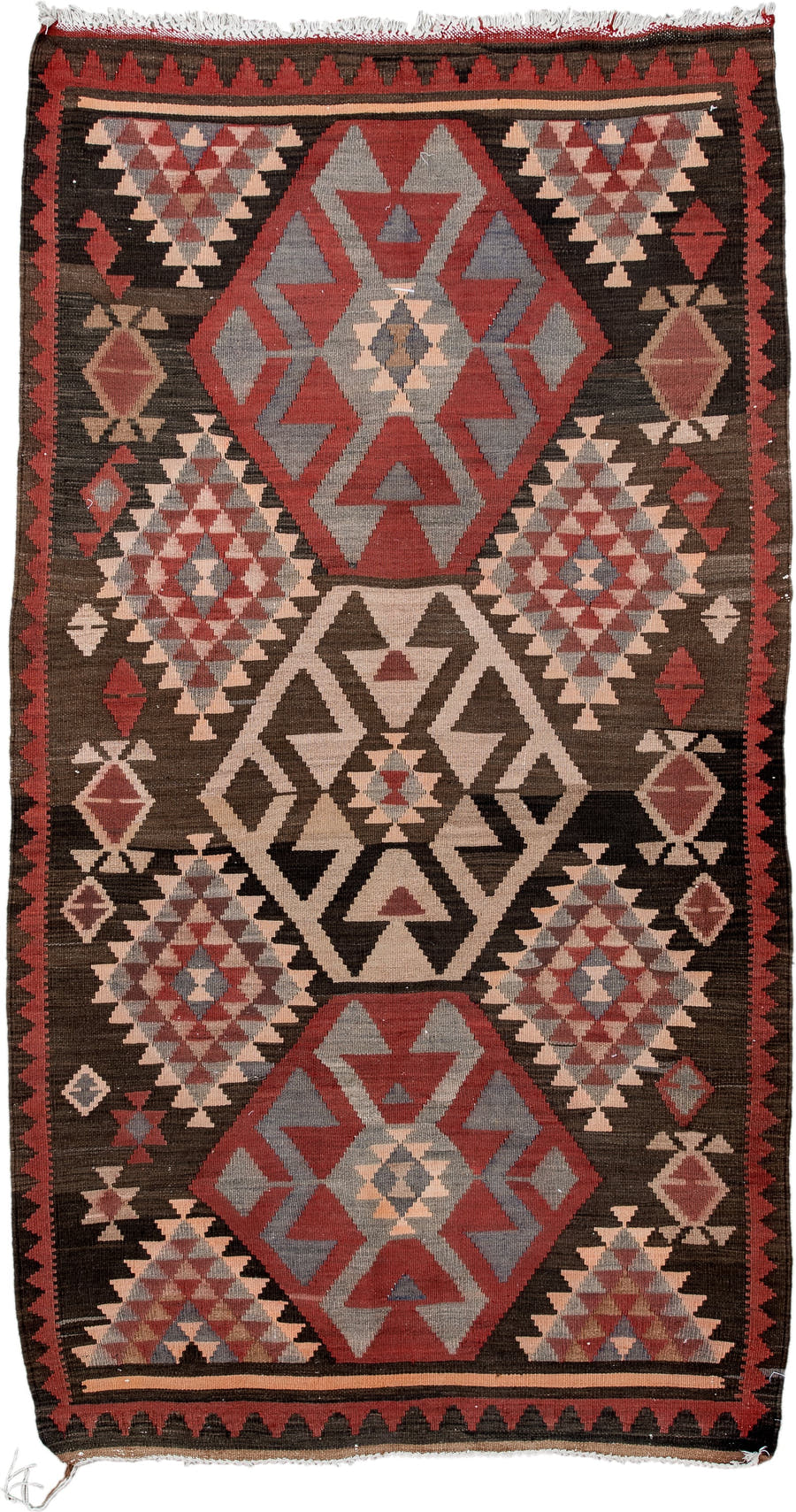 4' x 7' one-of-a-kind handmade antique Kilim rug. Color palette: brown, rust, ivory, slate, rose, charcoal, terracotta, gray