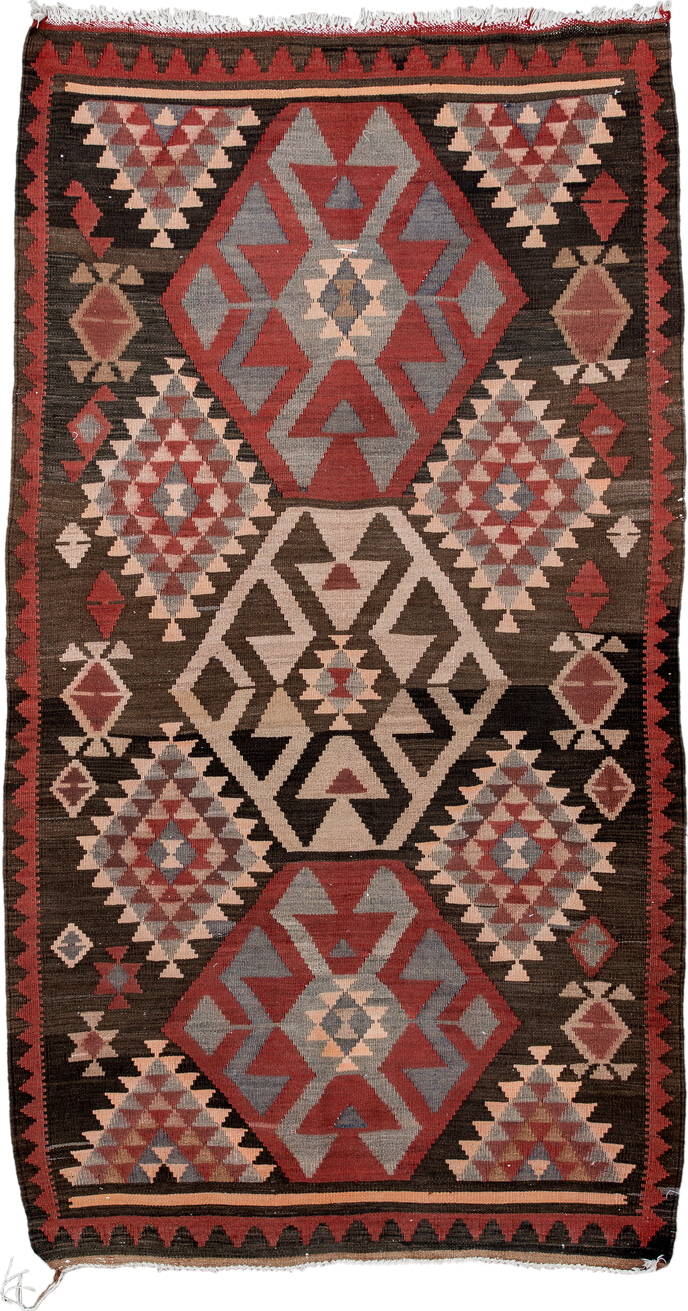 4' x 7' one-of-a-kind handmade antique Kilim rug. Color palette: brown, rust, ivory, slate, rose, charcoal, terracotta, gray