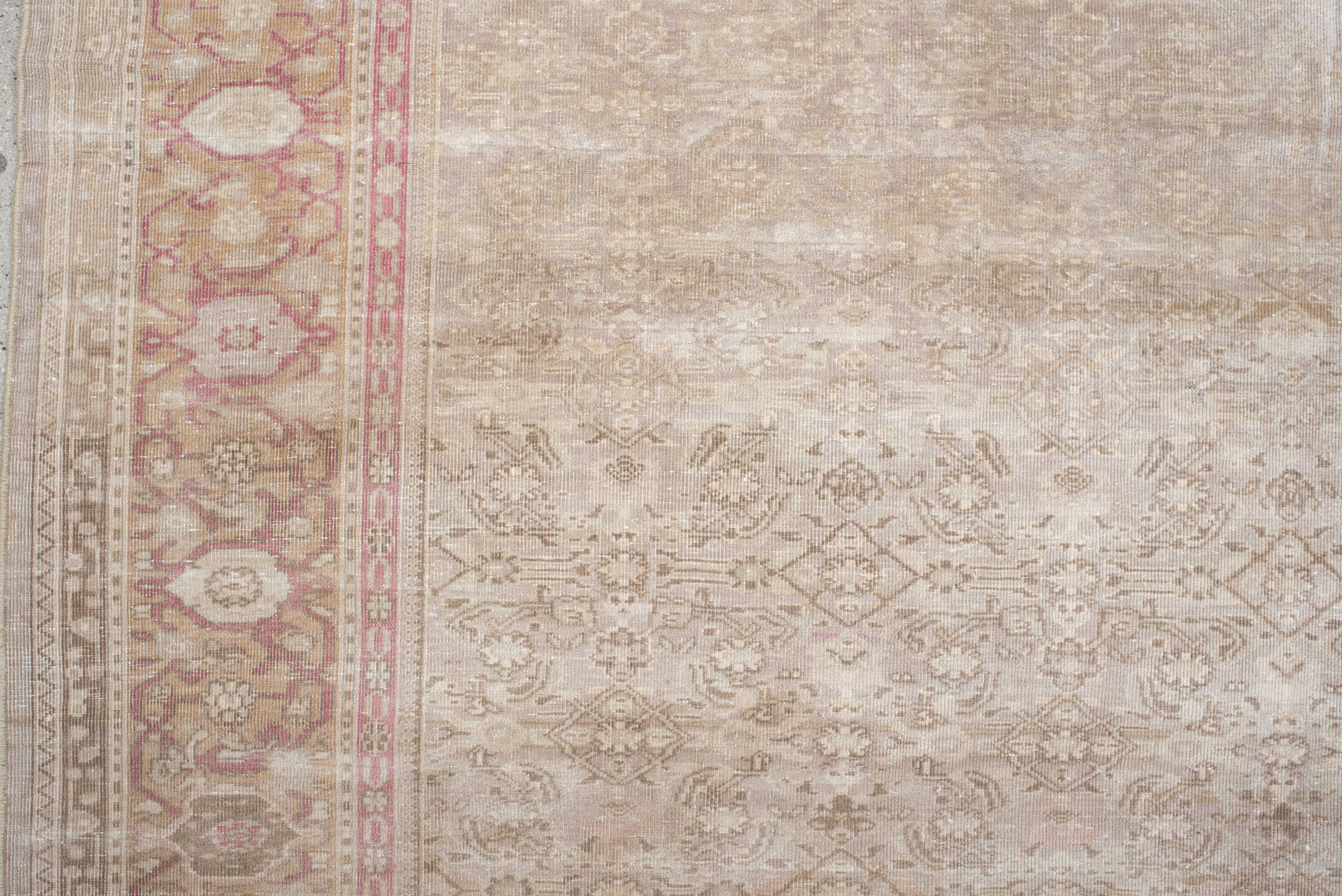 6' x 10' one-of-a-kind handmade antique Sivas large size rug. Color palette: ivory, beige, blush, taupe, rose, sand, pink