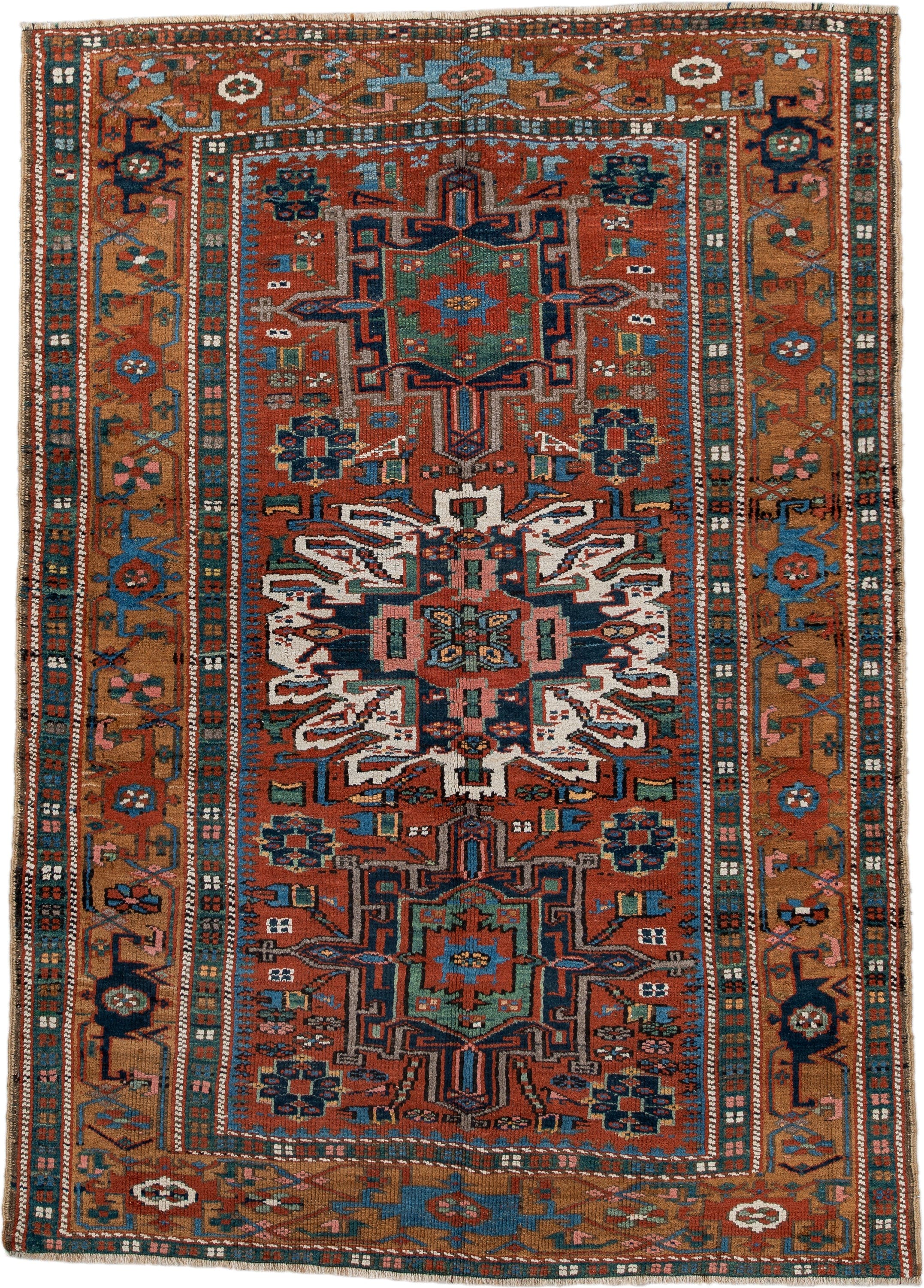 4' x 6' one-of-a-kind handmade vintage  rug. Color palette: rust, teal, camel, navy, ivory, rose, brown, terracotta, beige