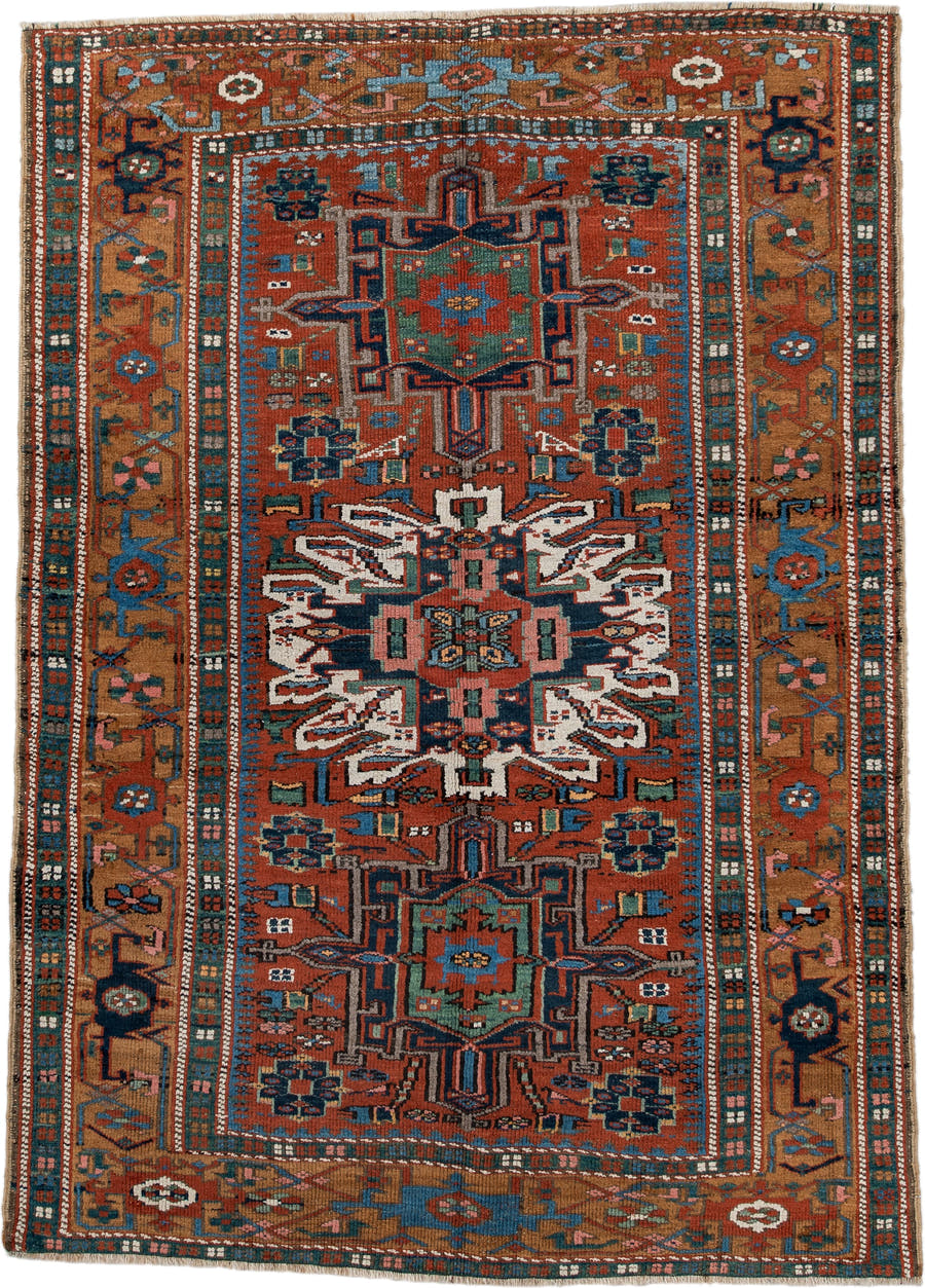 4' x 6' one-of-a-kind handmade vintage  rug. Color palette: rust, teal, camel, navy, ivory, rose, brown, terracotta, beige