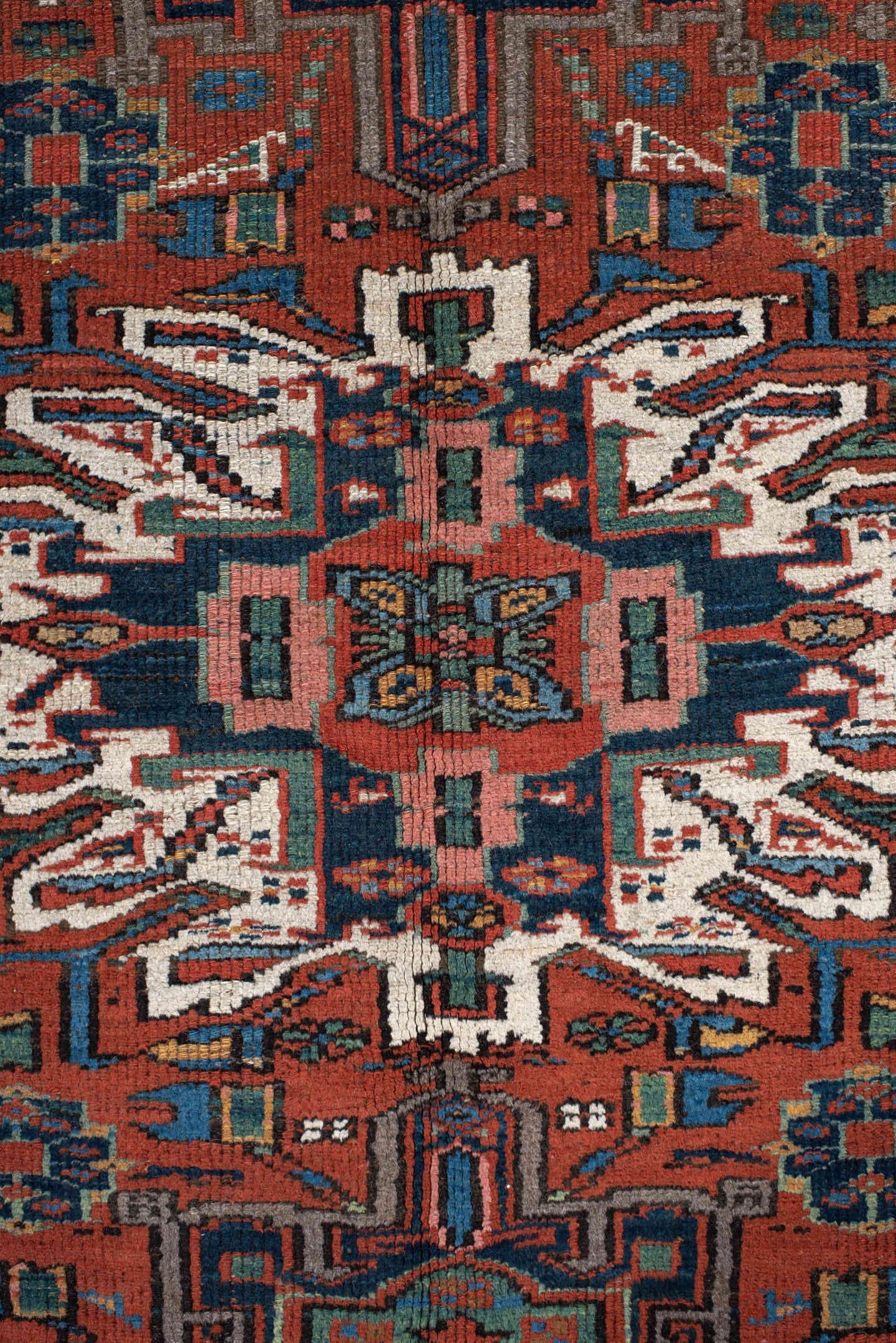 4' x 6' one-of-a-kind handmade vintage  rug. Color palette: rust, teal, camel, navy, ivory, rose, brown, terracotta, beige