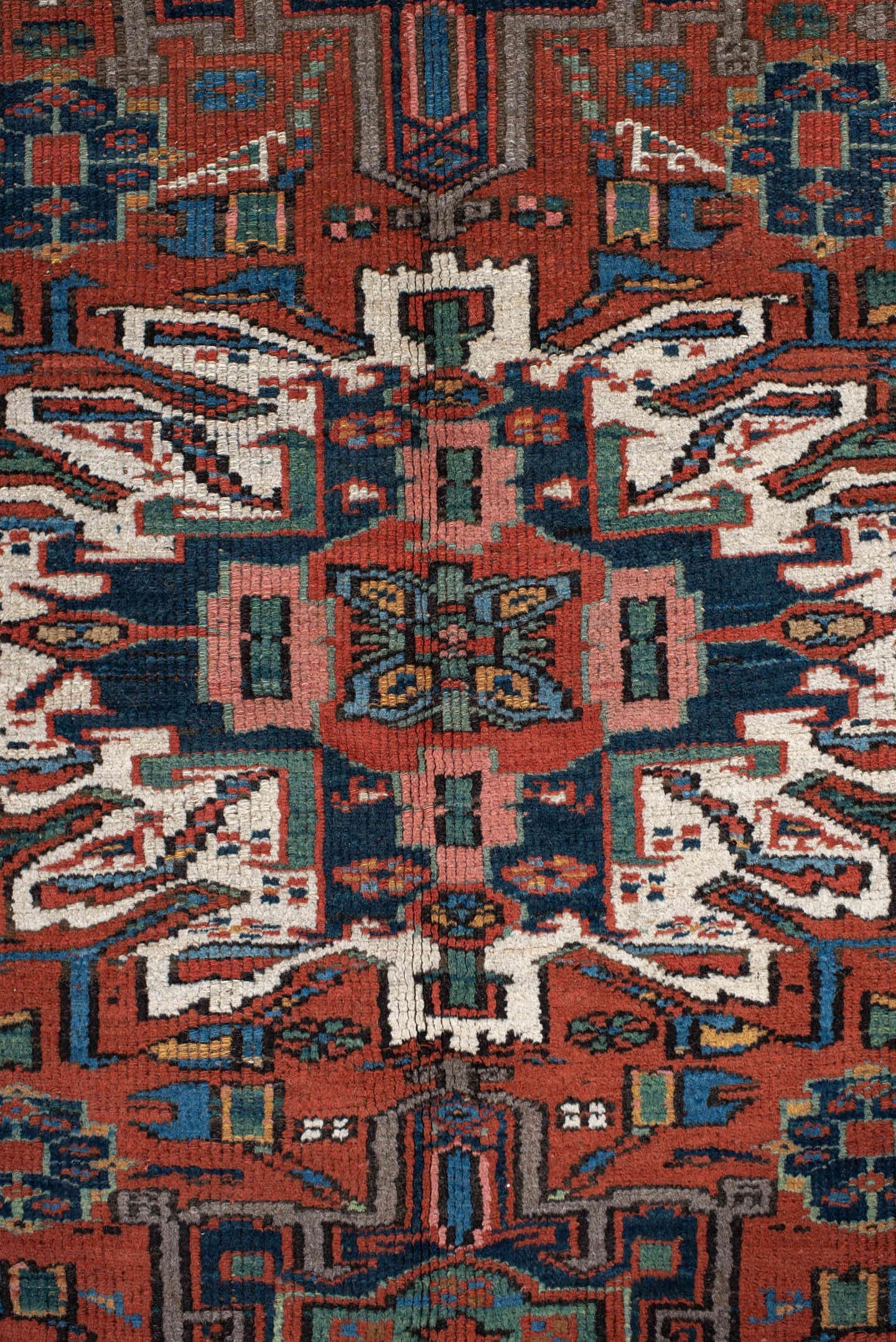 4' x 6' one-of-a-kind handmade vintage  rug. Color palette: rust, teal, camel, navy, ivory, rose, brown, terracotta, beige