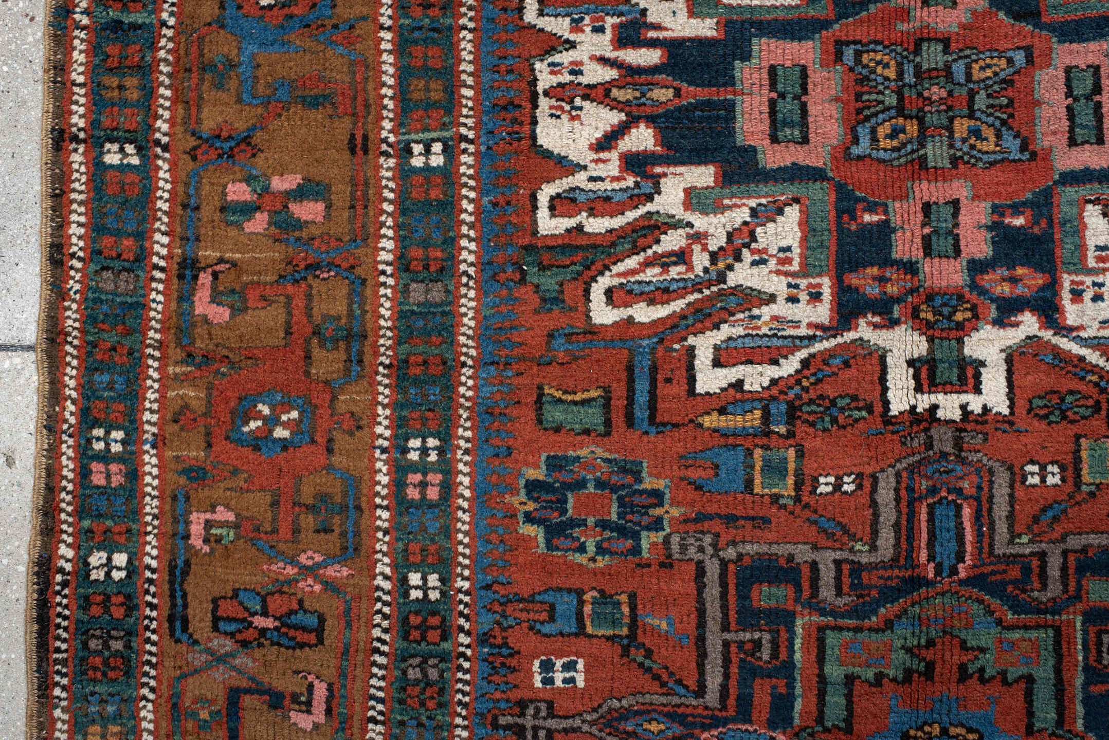 4' x 6' one-of-a-kind handmade vintage  rug. Color palette: rust, teal, camel, navy, ivory, rose, brown, terracotta, beige