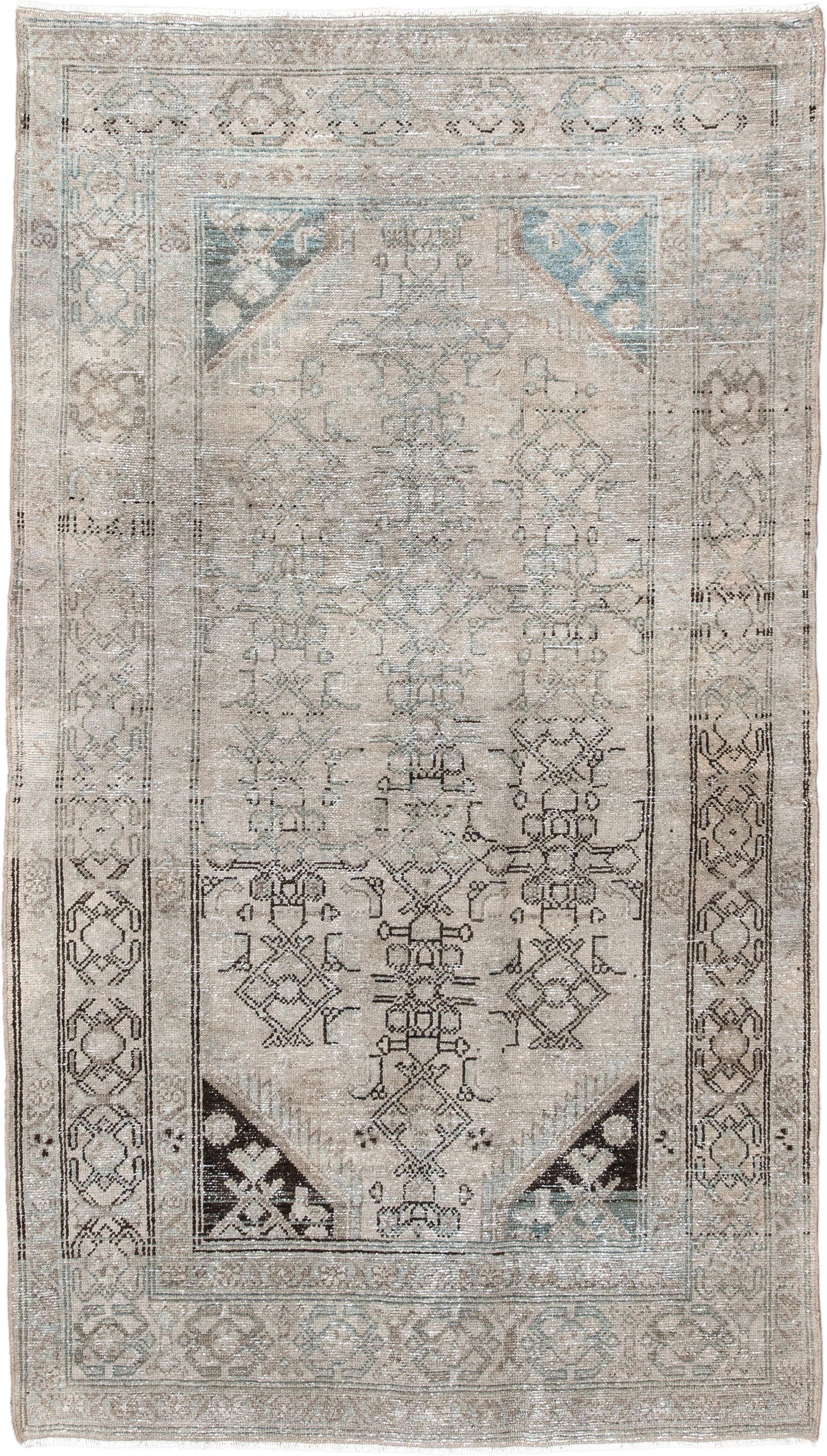 4' x 7' one-of-a-kind handmade vintage Hamadan rug. Color palette: ivory, taupe, light blue, charcoal, beige, gray, black