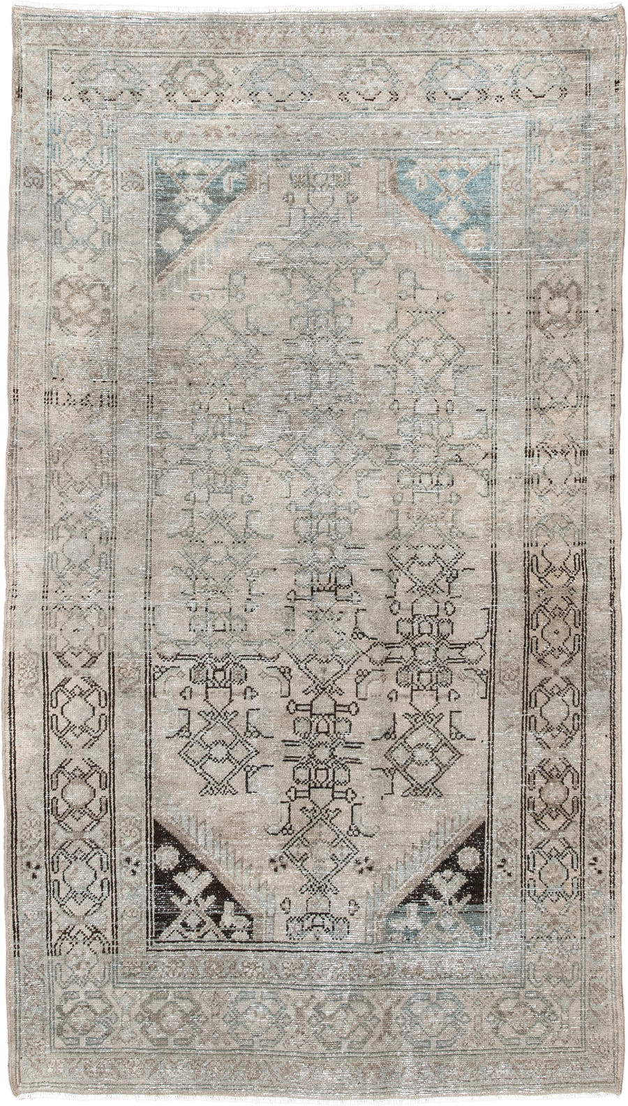 4' x 7' one-of-a-kind handmade vintage Hamadan rug. Color palette: ivory, taupe, light blue, charcoal, beige, gray, black