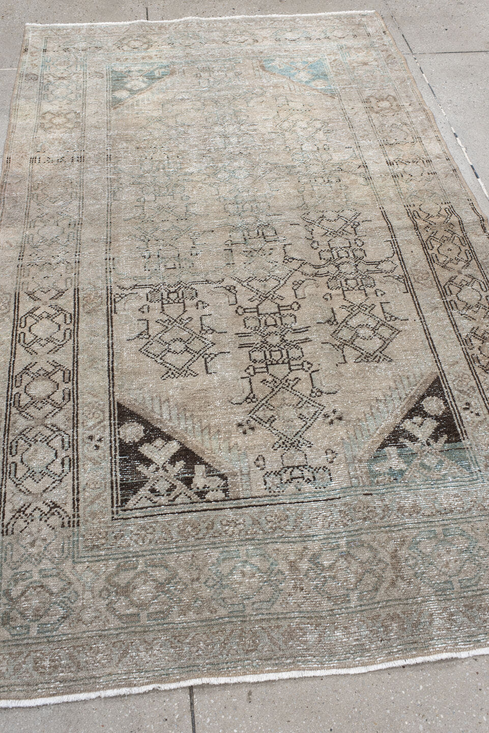 4' x 7' one-of-a-kind handmade vintage Hamadan rug. Color palette: ivory, taupe, light blue, charcoal, beige, gray, black