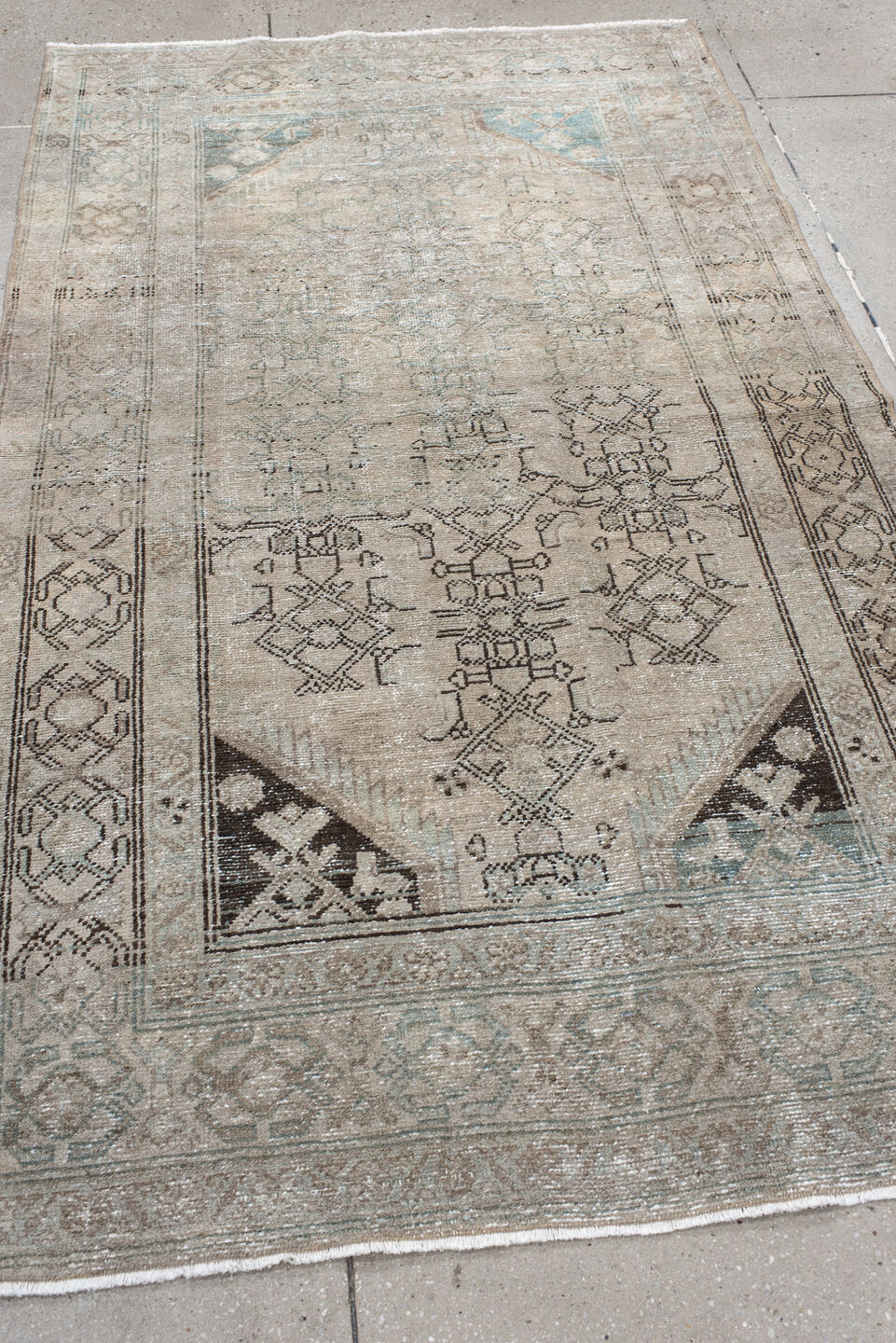 4' x 7' one-of-a-kind handmade vintage Hamadan rug. Color palette: ivory, taupe, light blue, charcoal, beige, gray, black