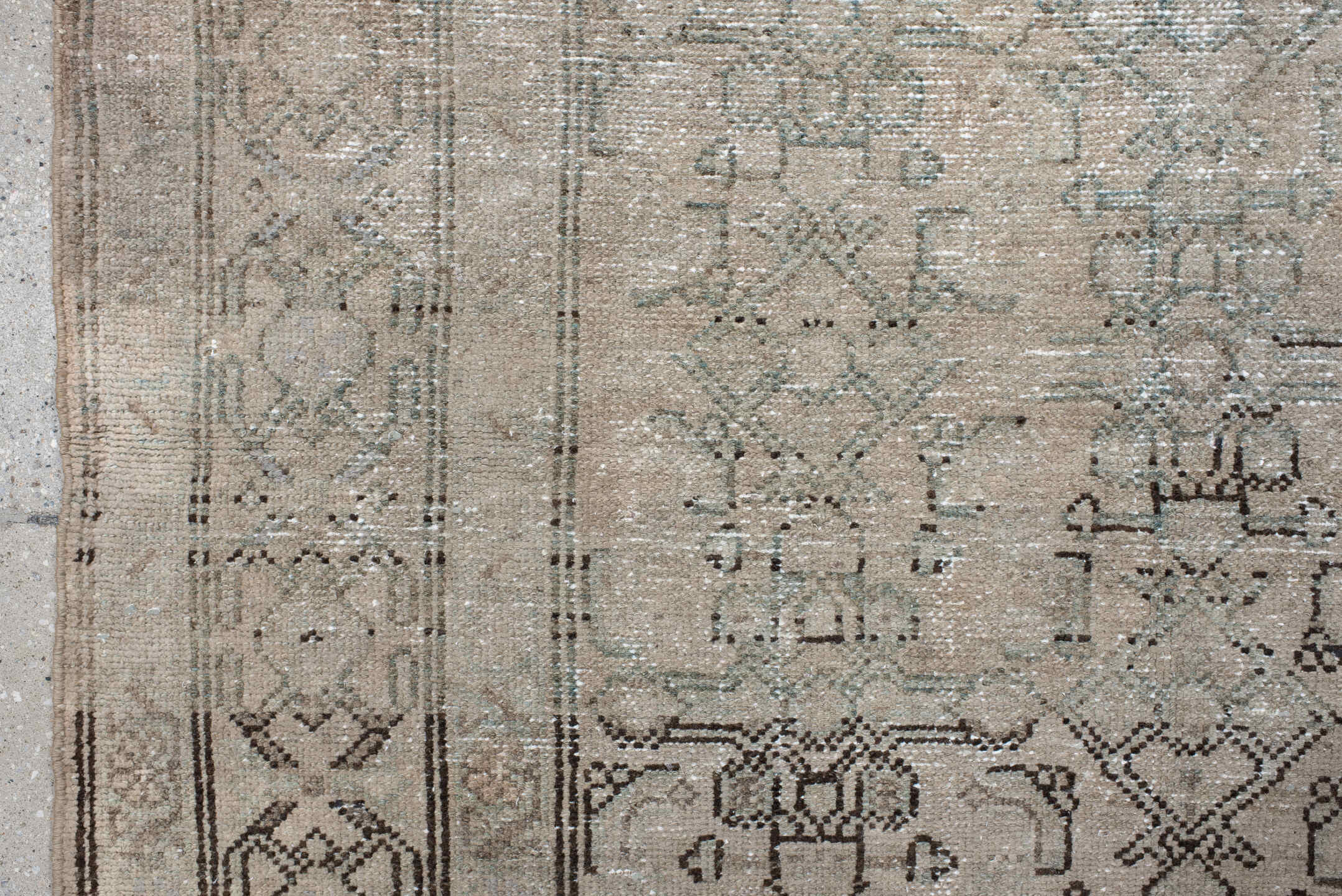 4' x 7' one-of-a-kind handmade vintage Hamadan rug. Color palette: ivory, taupe, light blue, charcoal, beige, gray, black
