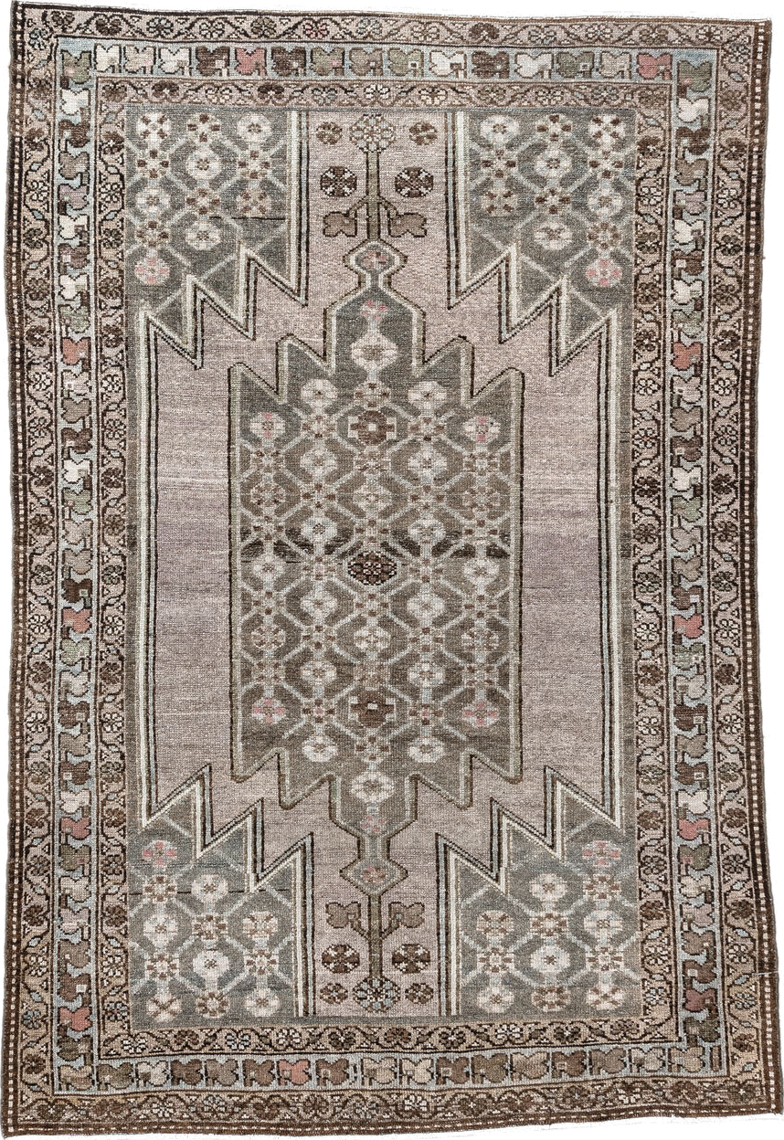 4' x 6' one-of-a-kind handmade vintage Hamadan small size rug. Color palette: taupe, brown, ivory, sage, rose, charcoal