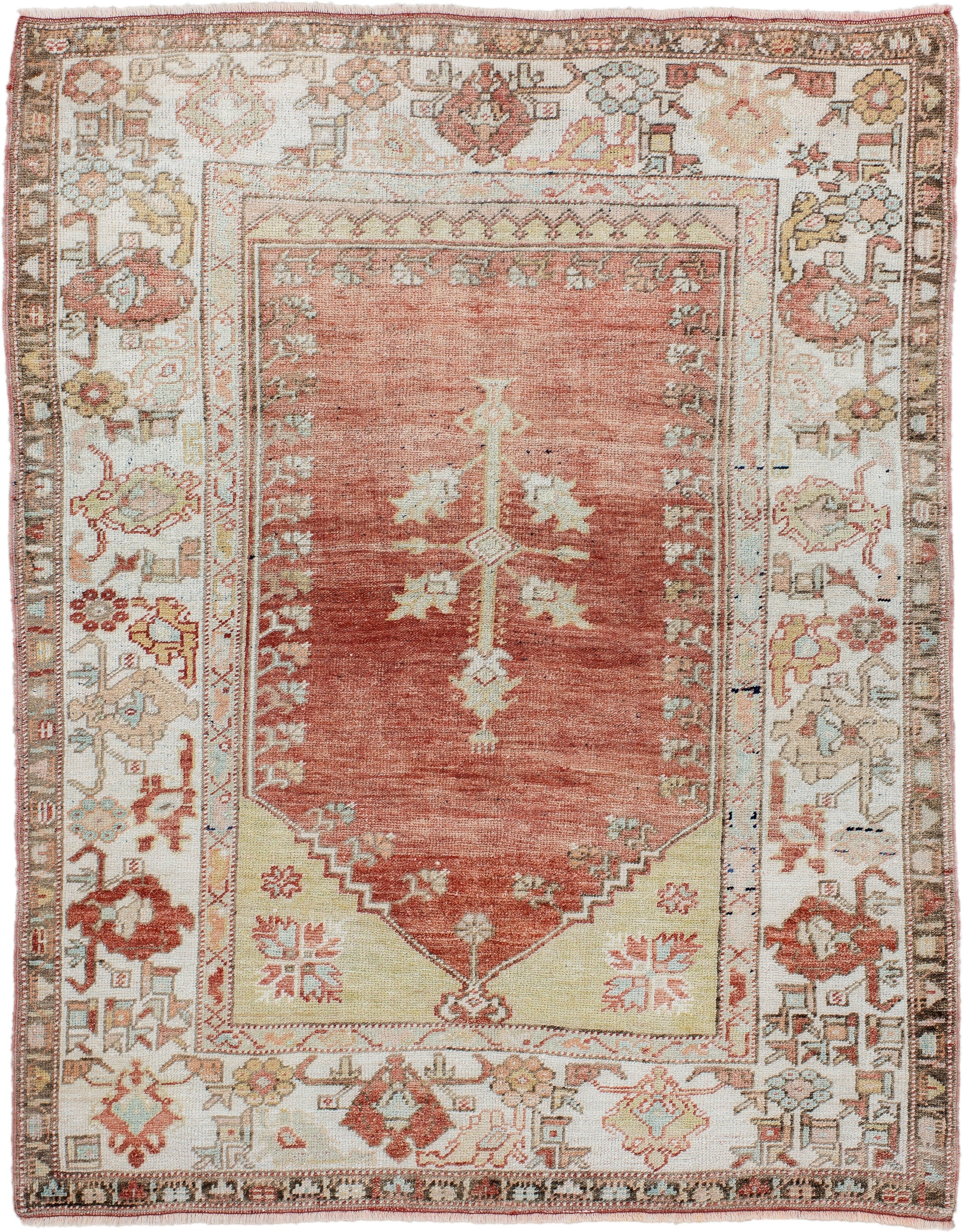 3' x 4' one-of-a-kind handmade antique Oushak small size rug. Color palette: ivory, terra cotta, sage, taupe, rust, gold