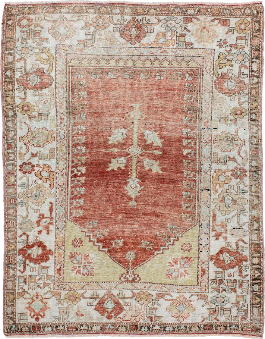3' x 4' one-of-a-kind handmade antique Oushak small size rug. Color palette: ivory, terra cotta, sage, taupe, rust, gold