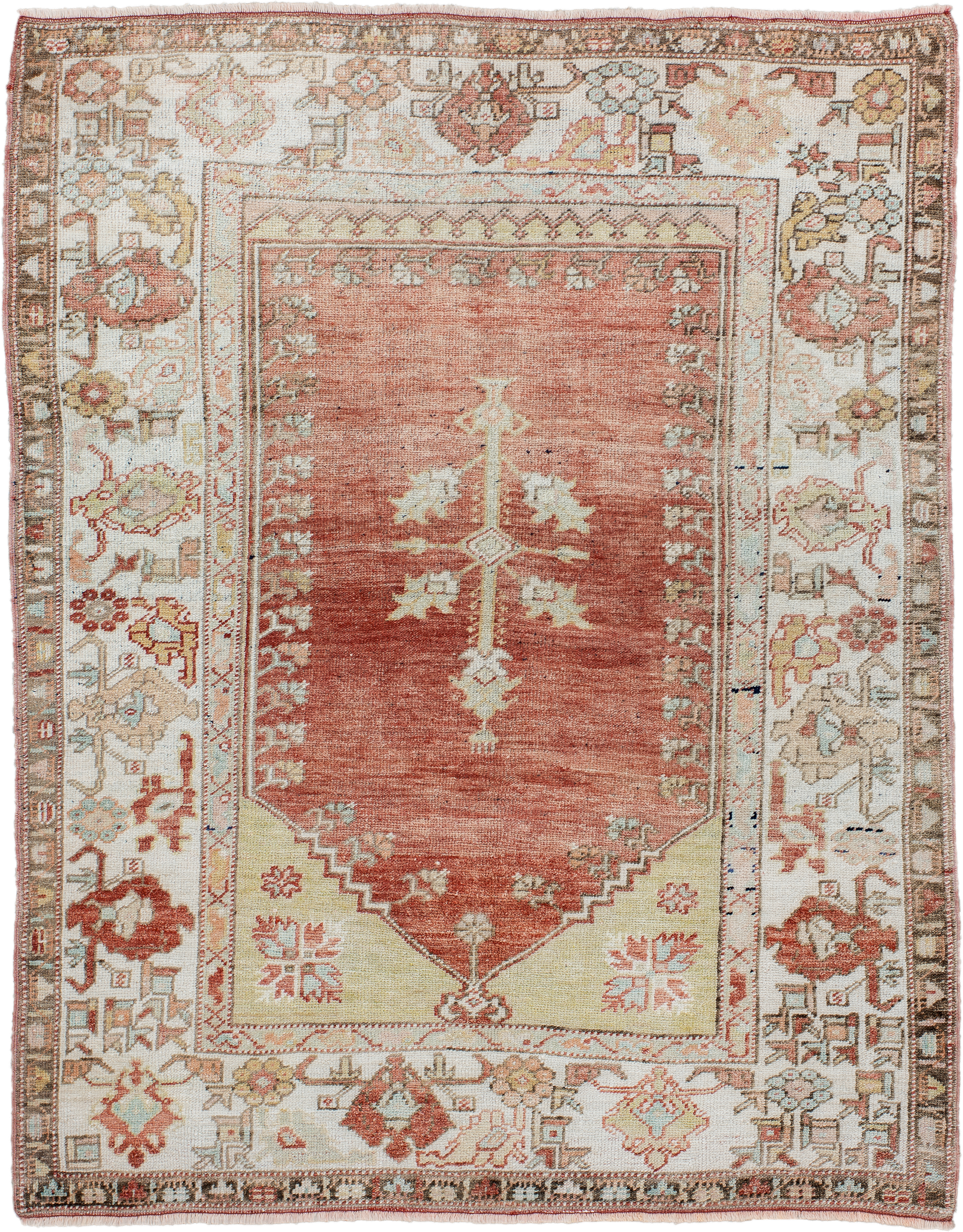 3' x 4' one-of-a-kind handmade antique Oushak small size rug. Color palette: ivory, terra cotta, sage, taupe, rust, gold