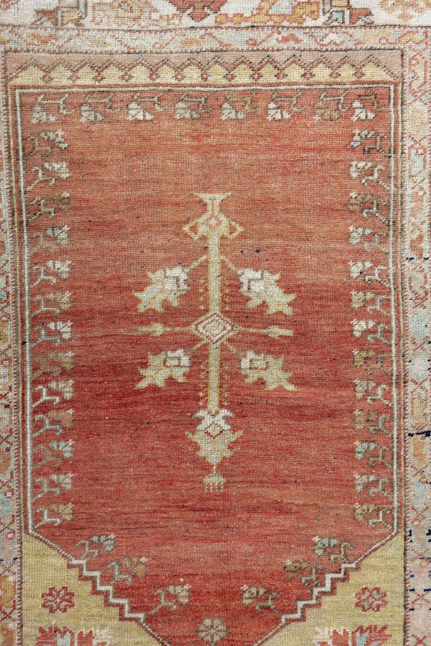 3' x 4' one-of-a-kind handmade antique Oushak small size rug. Color palette: ivory, terra cotta, sage, taupe, rust, gold