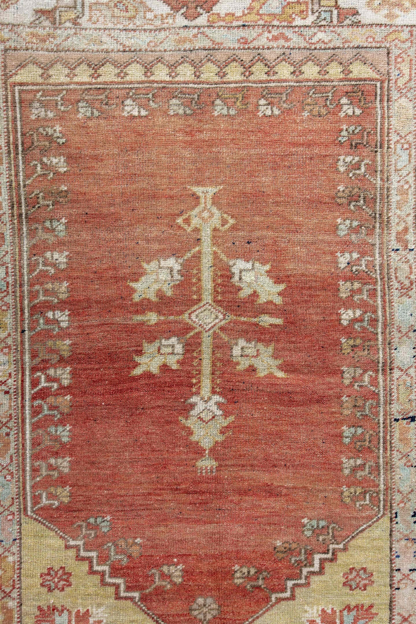 3' x 4' one-of-a-kind handmade antique Oushak small size rug. Color palette: ivory, terra cotta, sage, taupe, rust, gold