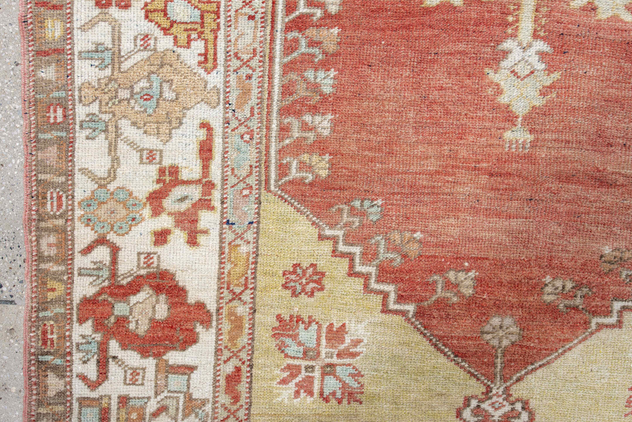 3' x 4' one-of-a-kind handmade antique Oushak small size rug. Color palette: ivory, terra cotta, sage, taupe, rust, gold
