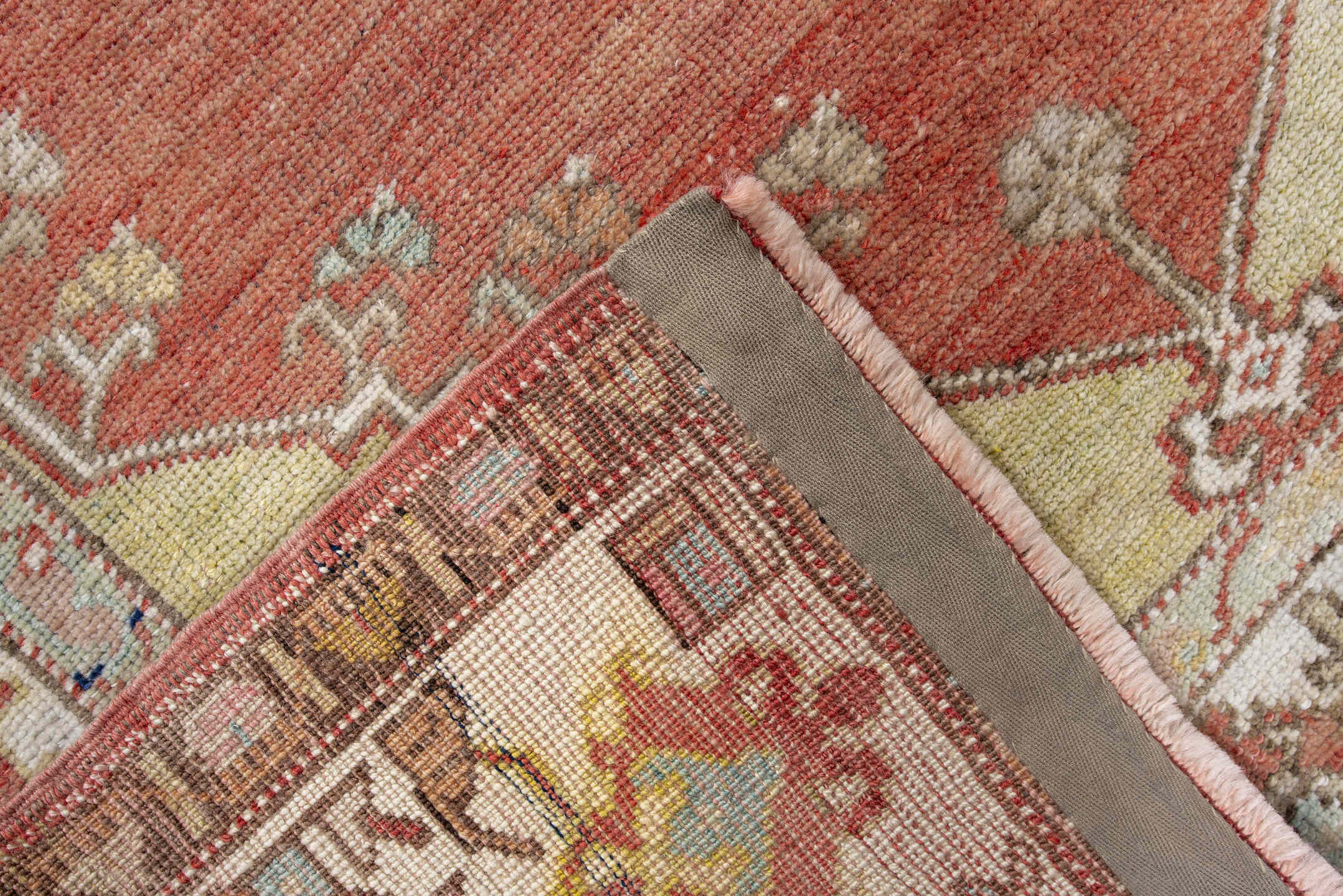 3' x 4' one-of-a-kind handmade antique Oushak small size rug. Color palette: ivory, terra cotta, sage, taupe, rust, gold