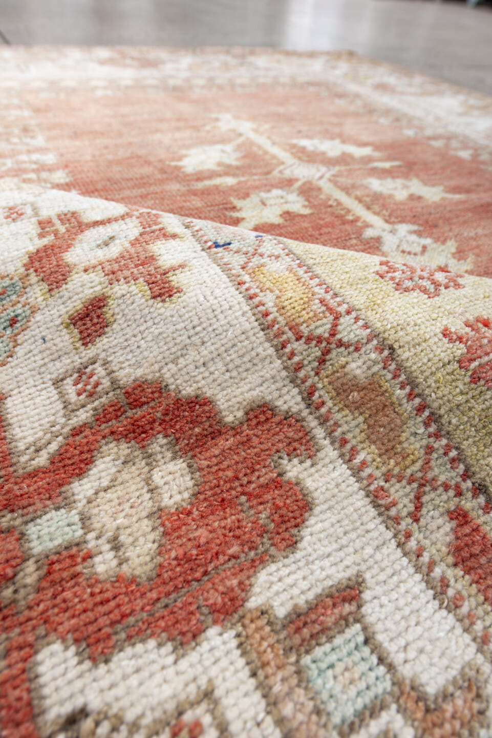 3' x 4' one-of-a-kind handmade antique Oushak small size rug. Color palette: ivory, terra cotta, sage, taupe, rust, gold