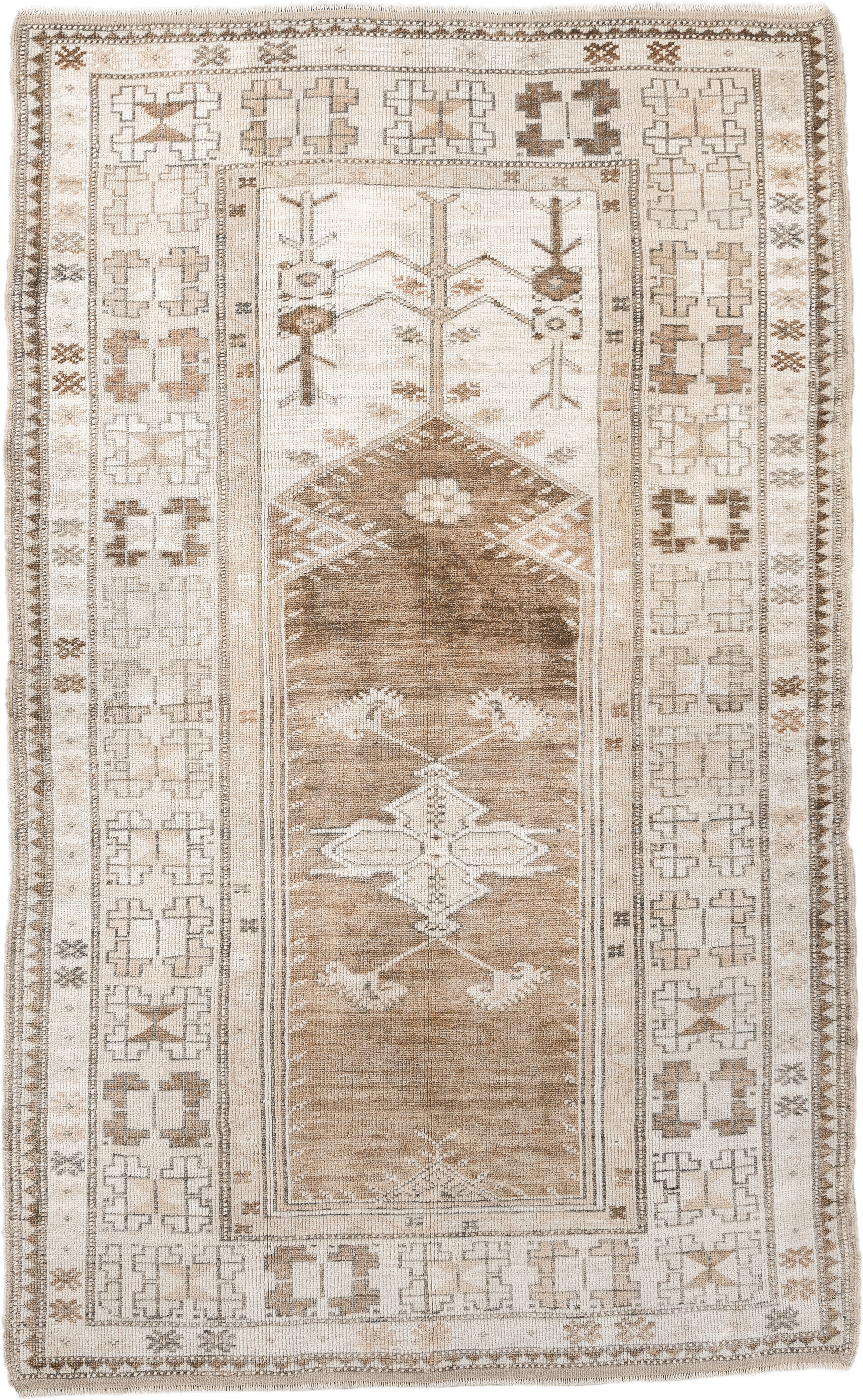 3' x 6' one-of-a-kind handmade antique Anatolian small size rug. Color palette: ivory, camel, taupe, beige, brown, gray