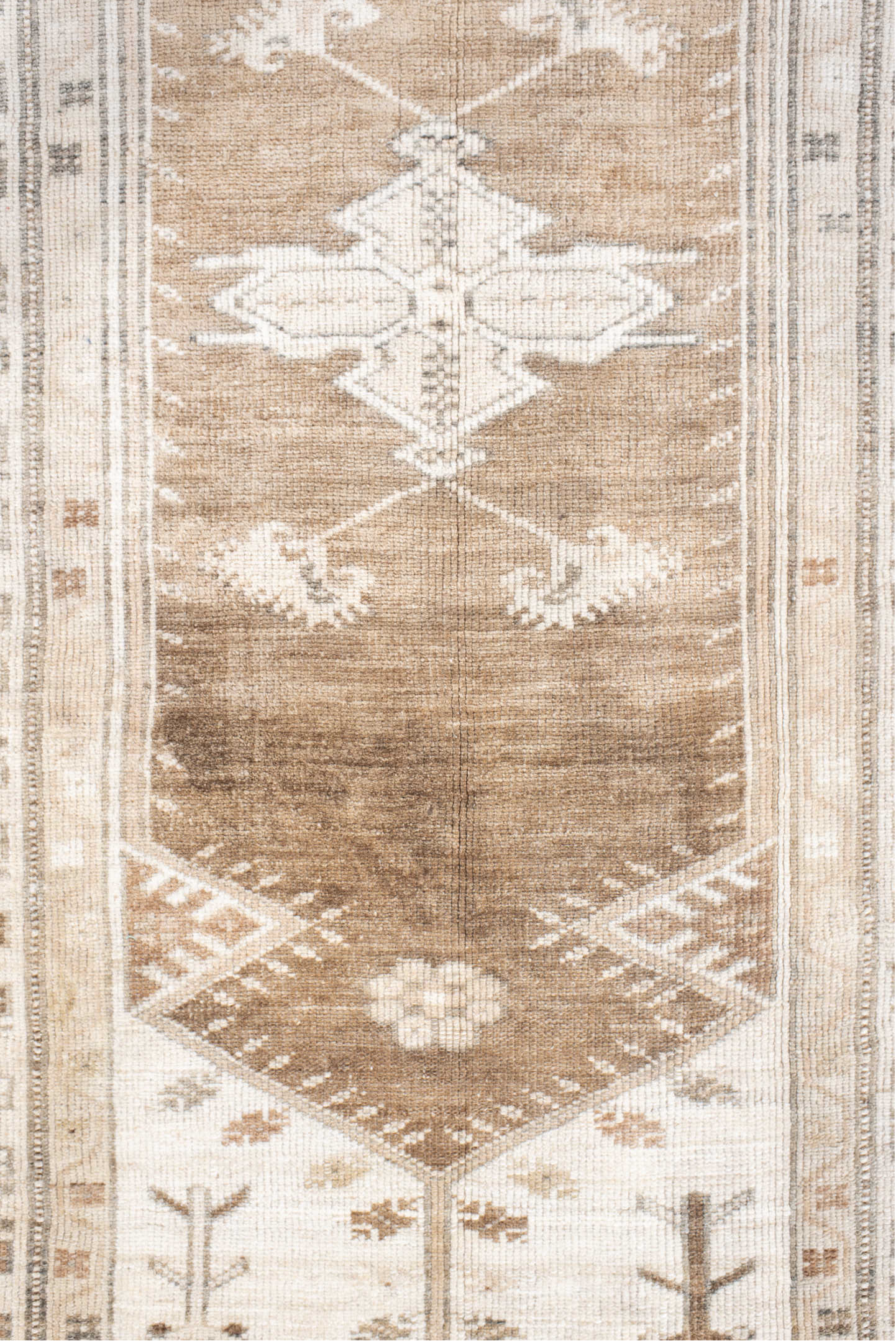 3' x 6' one-of-a-kind handmade antique Anatolian small size rug. Color palette: ivory, camel, taupe, beige, brown, gray