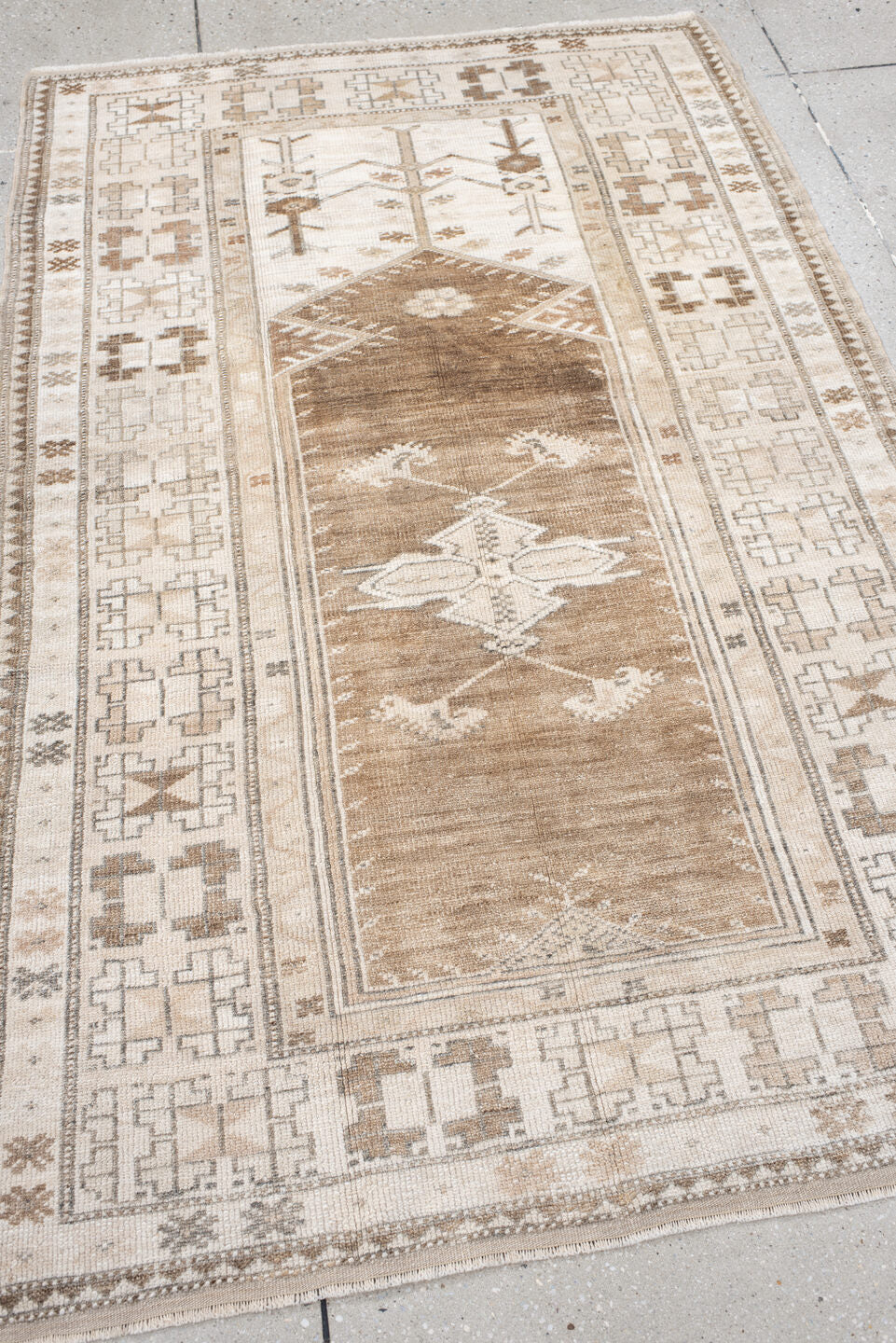 3' x 6' one-of-a-kind handmade antique Anatolian small size rug. Color palette: ivory, camel, taupe, beige, brown, gray