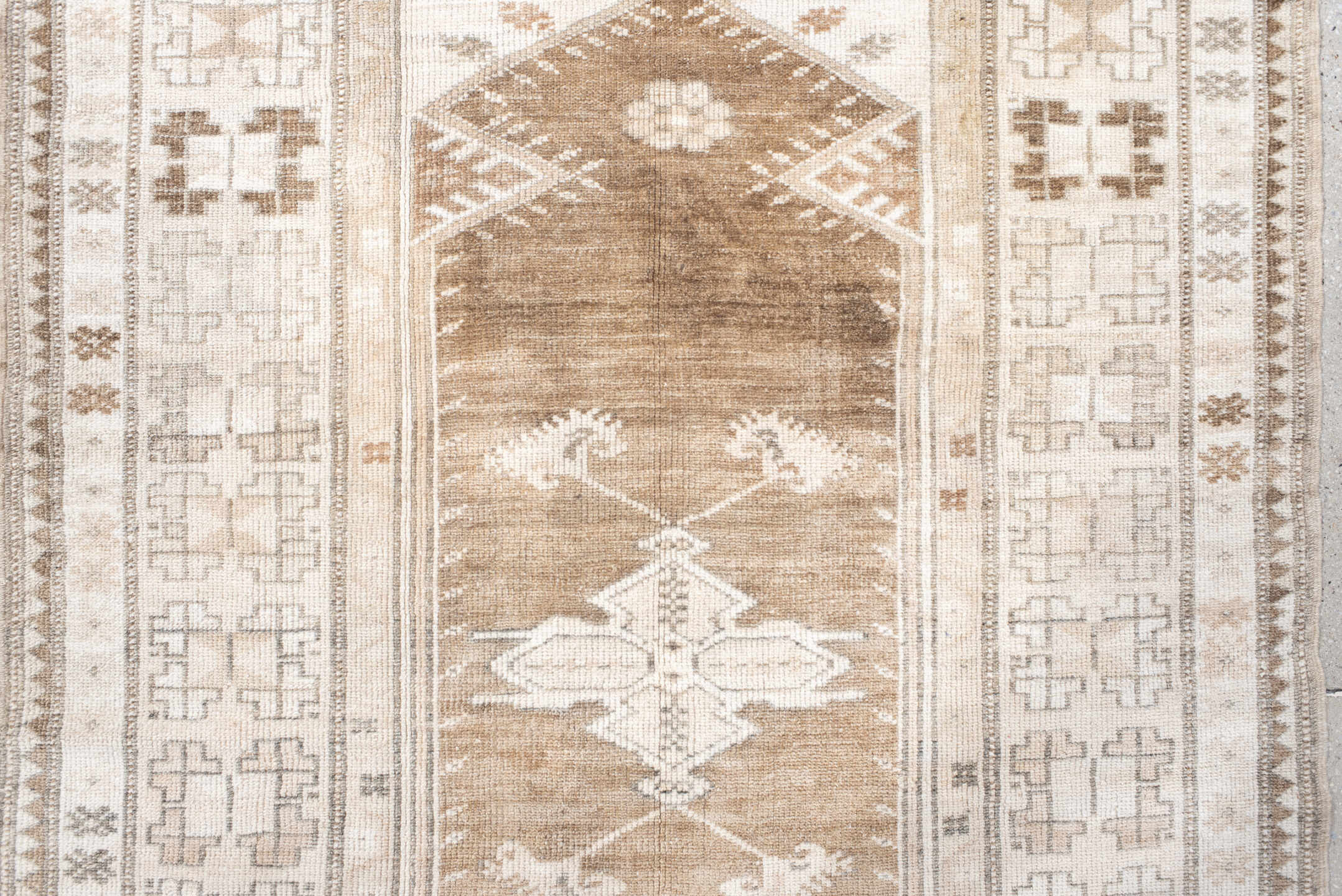 3' x 6' one-of-a-kind handmade antique Anatolian small size rug. Color palette: ivory, camel, taupe, beige, brown, gray