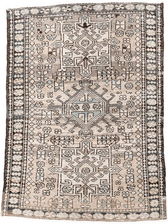 3' x 4' one-of-a-kind handmade antique Karaje small size rug. Color palette: camel, ivory, tan, taupe, sand, beige, gray