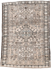 3' x 4' one-of-a-kind handmade antique Karaje small size rug. Color palette: camel, ivory, tan, taupe, sand, beige, gray