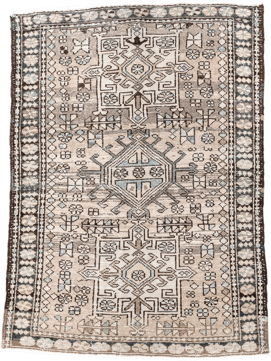 3' x 4' one-of-a-kind handmade antique Karaje small size rug. Color palette: camel, ivory, tan, taupe, sand, beige, gray