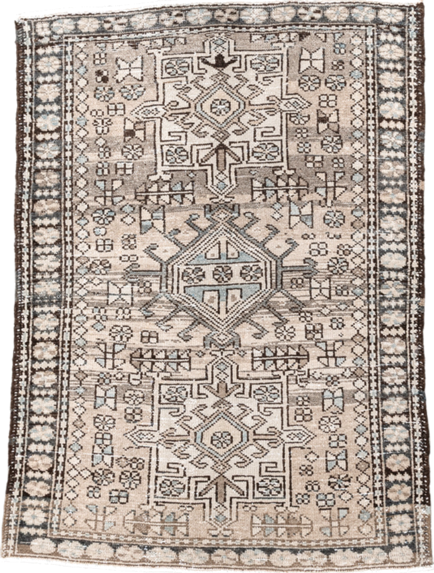 3' x 4' one-of-a-kind handmade antique Karaje small size rug. Color palette: camel, ivory, tan, taupe, sand, beige, gray