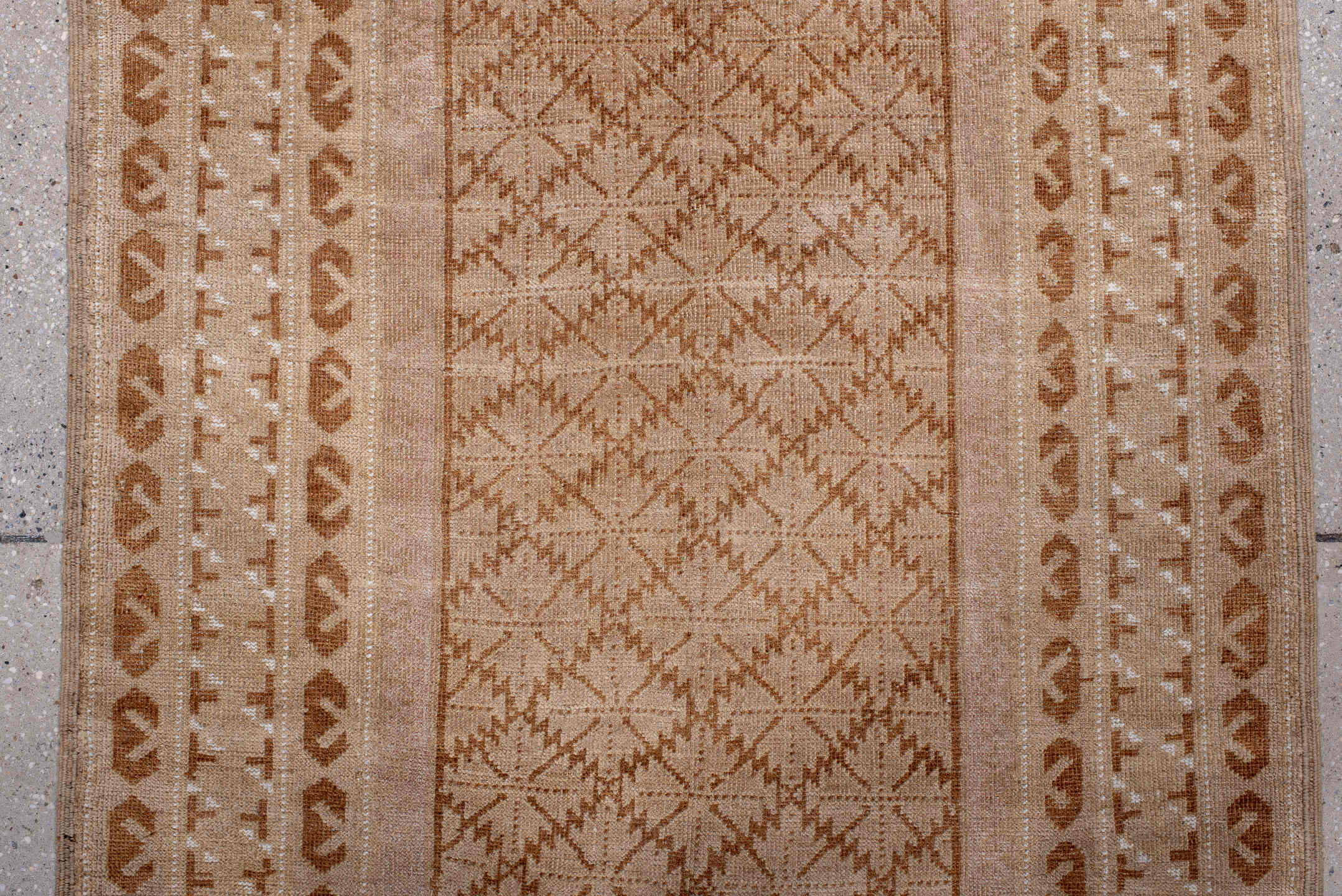 3' x 4' one-of-a-kind handmade vintage Karaje small size rug. Color palette: brown, gray, light gray, off-white, orange
