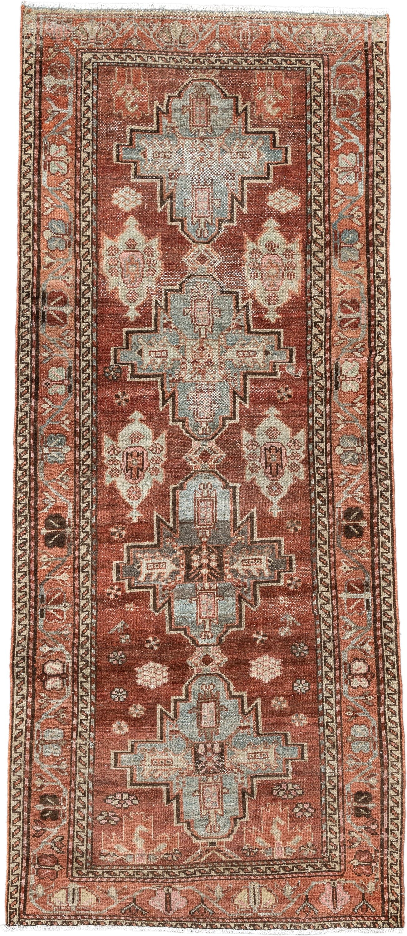 3' x 7' one-of-a-kind handmade antique Hamadan runner rug. Color palette: rust, terra cotta, ivory, sky blue, brown