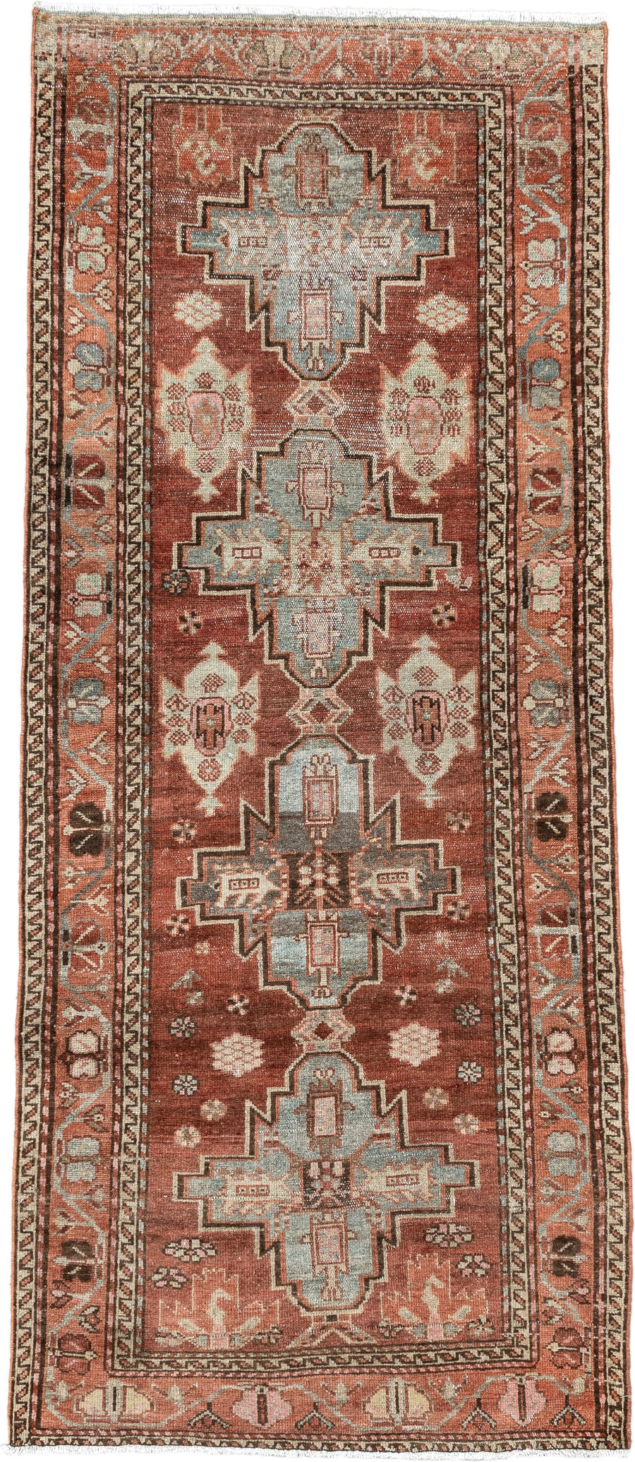 3' x 7' one-of-a-kind handmade antique Hamadan runner rug. Color palette: rust, terra cotta, ivory, sky blue, brown