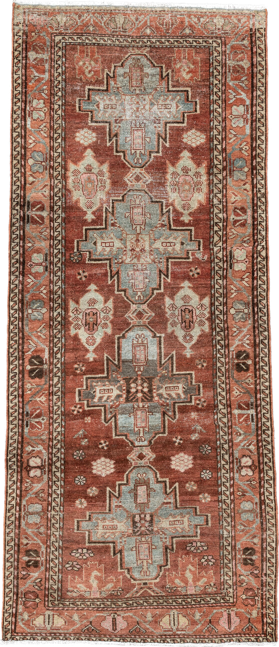 3' x 7' one-of-a-kind handmade vintage Hamadan runner rug. Color palette: antiquewhite, brown, gray, light gray, linen