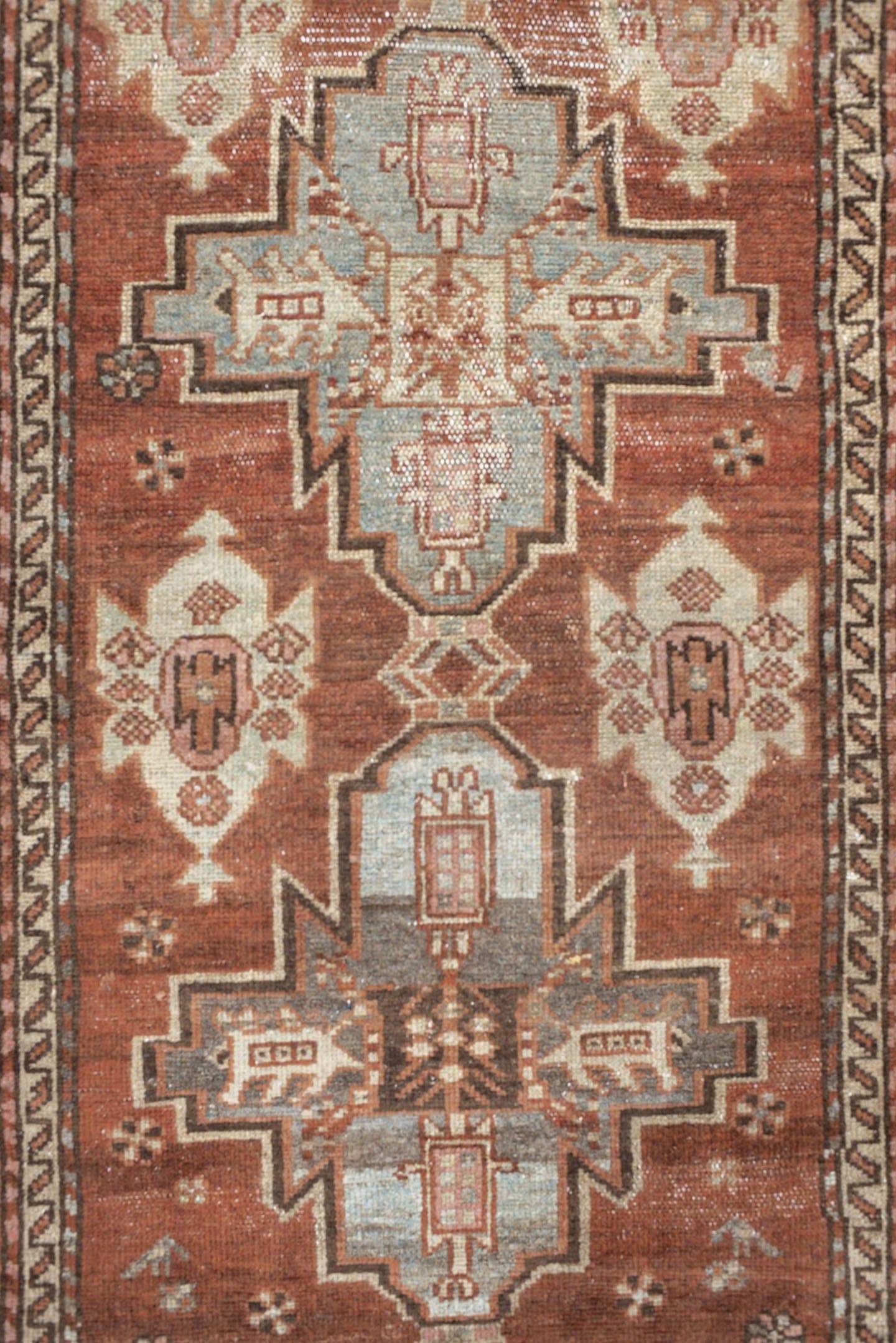 3' x 7' one-of-a-kind handmade antique Hamadan runner rug. Color palette: rust, terra cotta, ivory, sky blue, brown