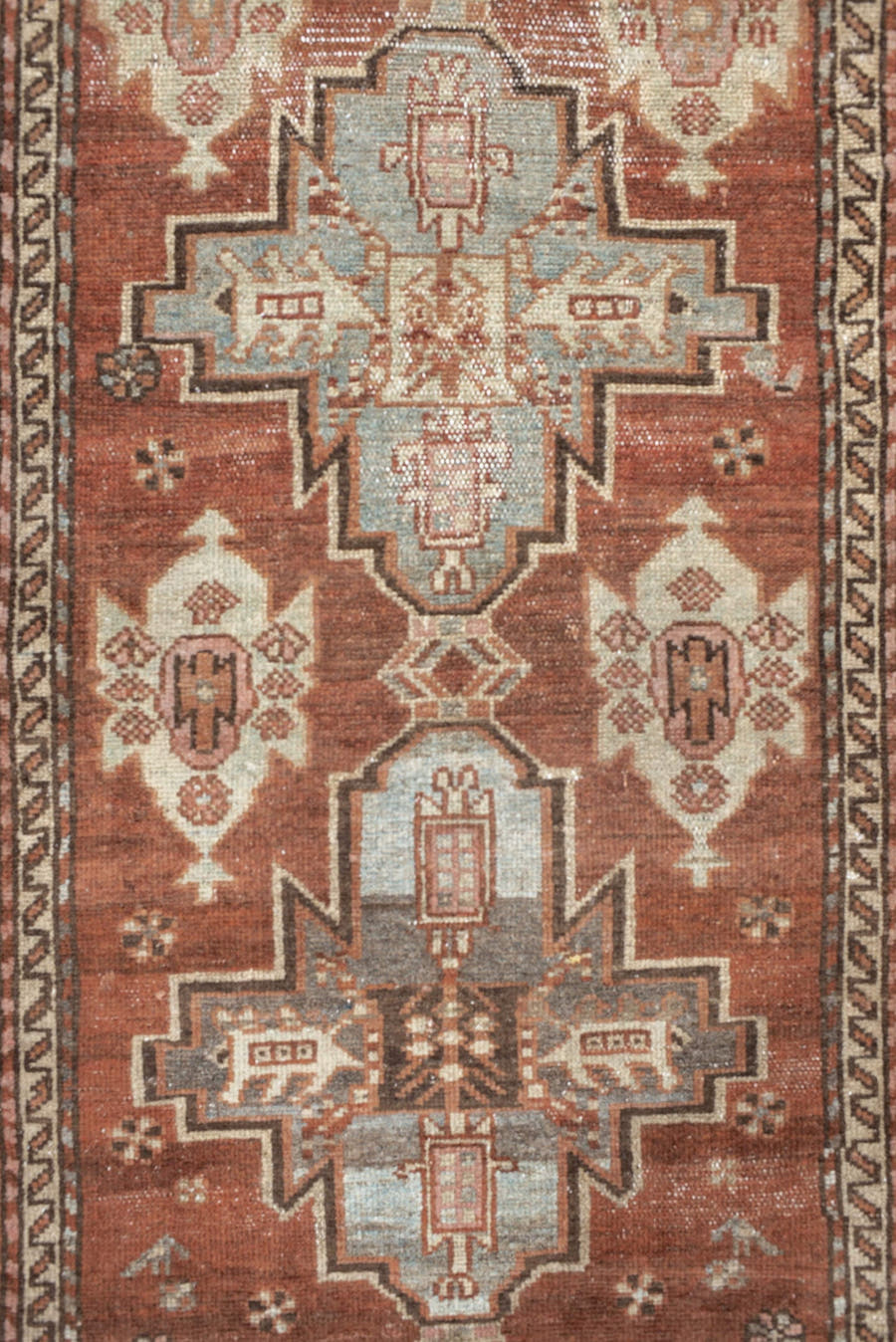 3' x 7' one-of-a-kind handmade antique Hamadan runner rug. Color palette: rust, terra cotta, ivory, sky blue, brown
