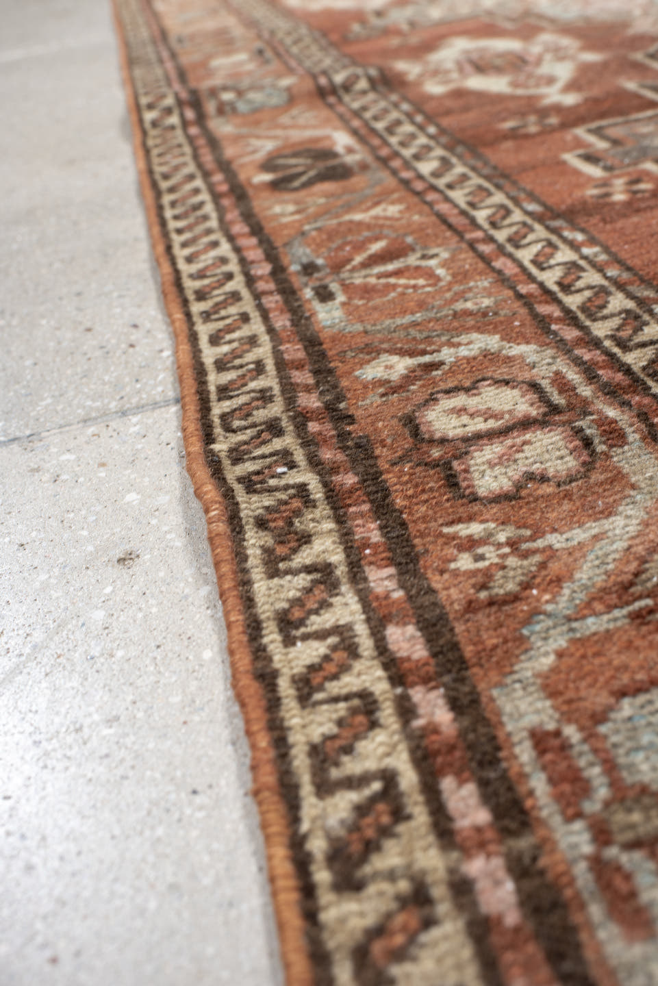 3' x 7' one-of-a-kind handmade antique Hamadan runner rug. Color palette: rust, terra cotta, ivory, sky blue, brown