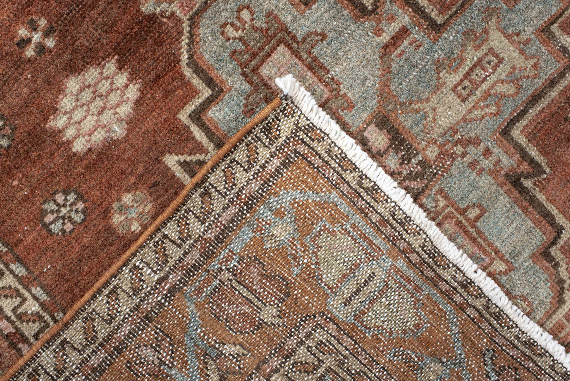 3' x 7' one-of-a-kind handmade antique Hamadan runner rug. Color palette: rust, terra cotta, ivory, sky blue, brown