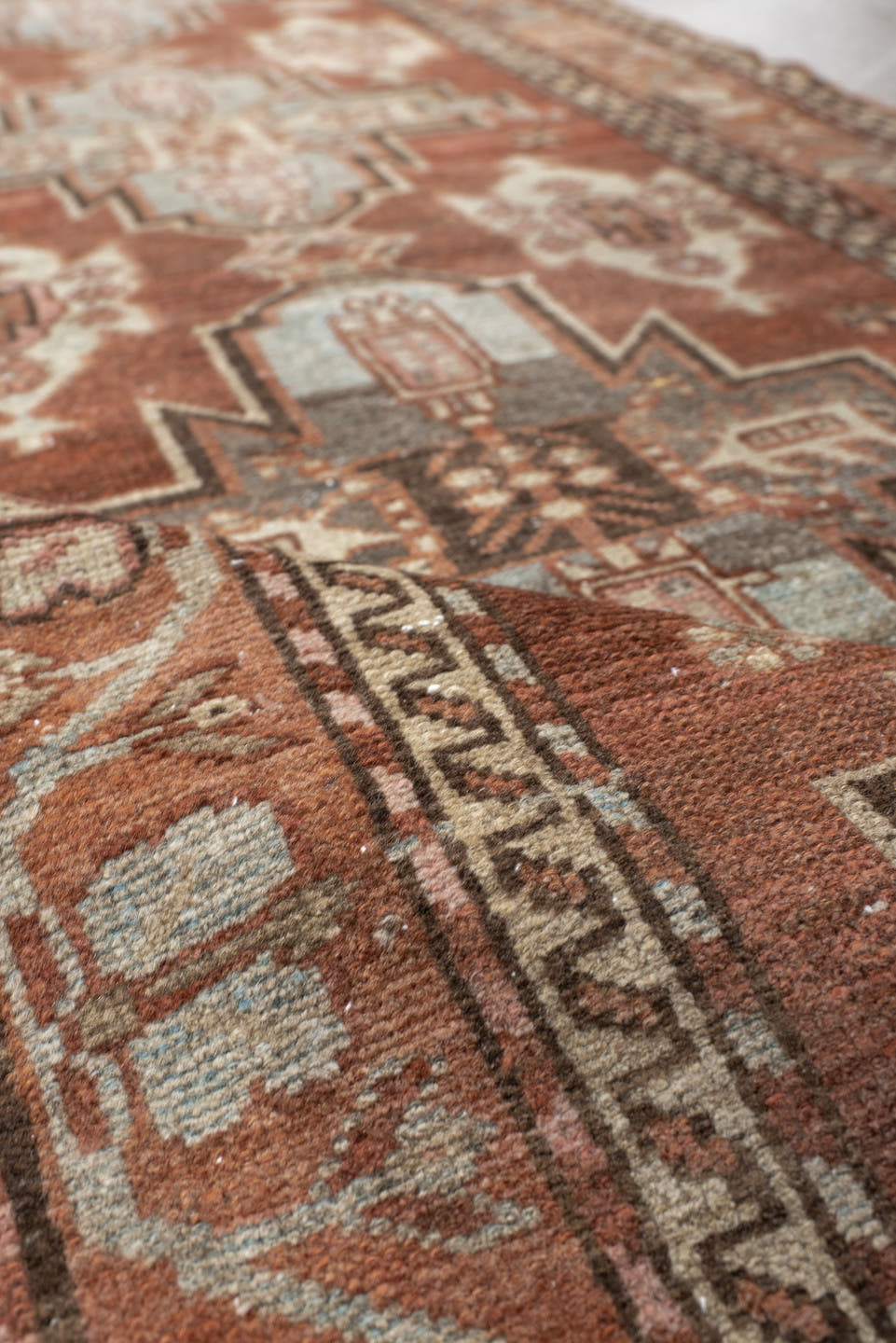3' x 7' one-of-a-kind handmade antique Hamadan runner rug. Color palette: rust, terra cotta, ivory, sky blue, brown