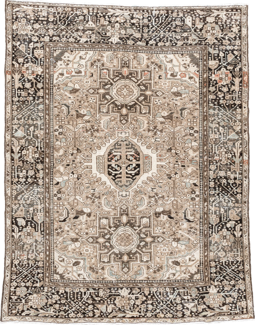 4' x 6' one-of-a-kind handmade antique Karaje small size rug. Color palette: taupe, ivory, brown, charcoal, camel, pale_blue
