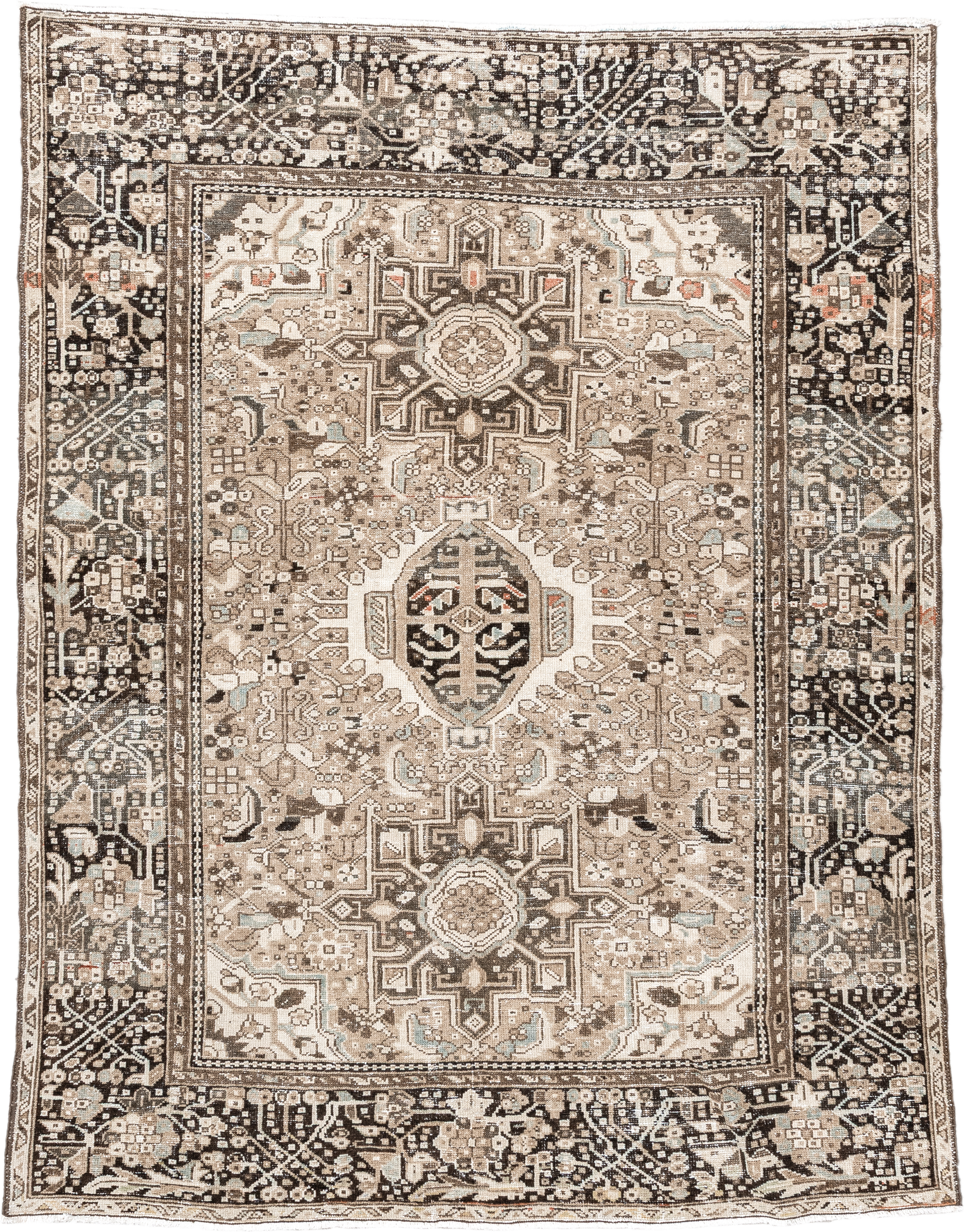 4' x 6' one-of-a-kind handmade antique Karaje small size rug. Color palette: taupe, ivory, brown, charcoal, camel, pale_blue